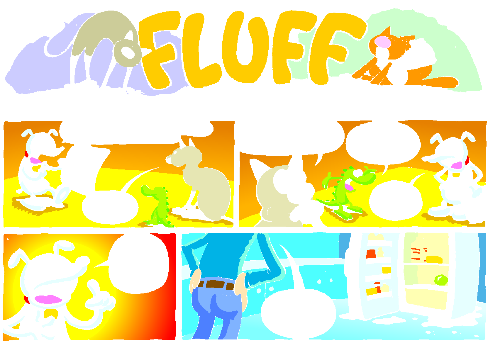 Fluff sunday strip, Jun 14, 1998. Nina Paley, CC BY-SA 3.0 US. Print master from https://archive.org/details/FluffComicStrips (TIFF converted losslessly to PNG for the web).