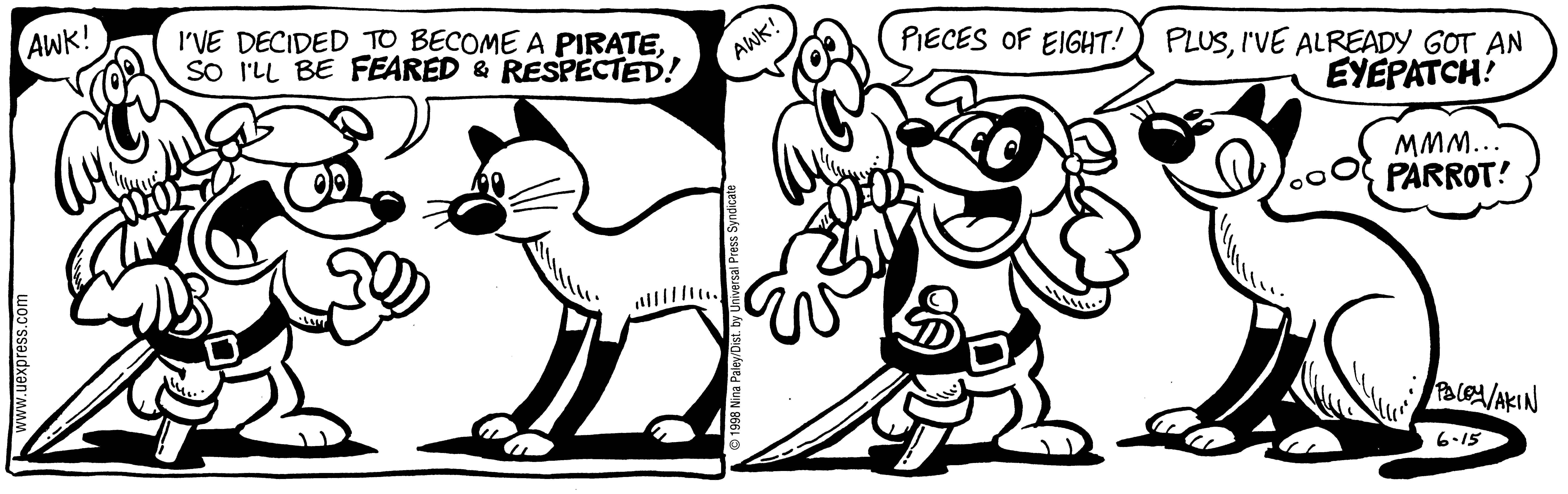 Fluff daily strip, Jun 15, 1998. Nina Paley, CC BY-SA 3.0 US. Print master from https://archive.org/details/FluffComicStrips (TIFF converted losslessly to PNG for the web).