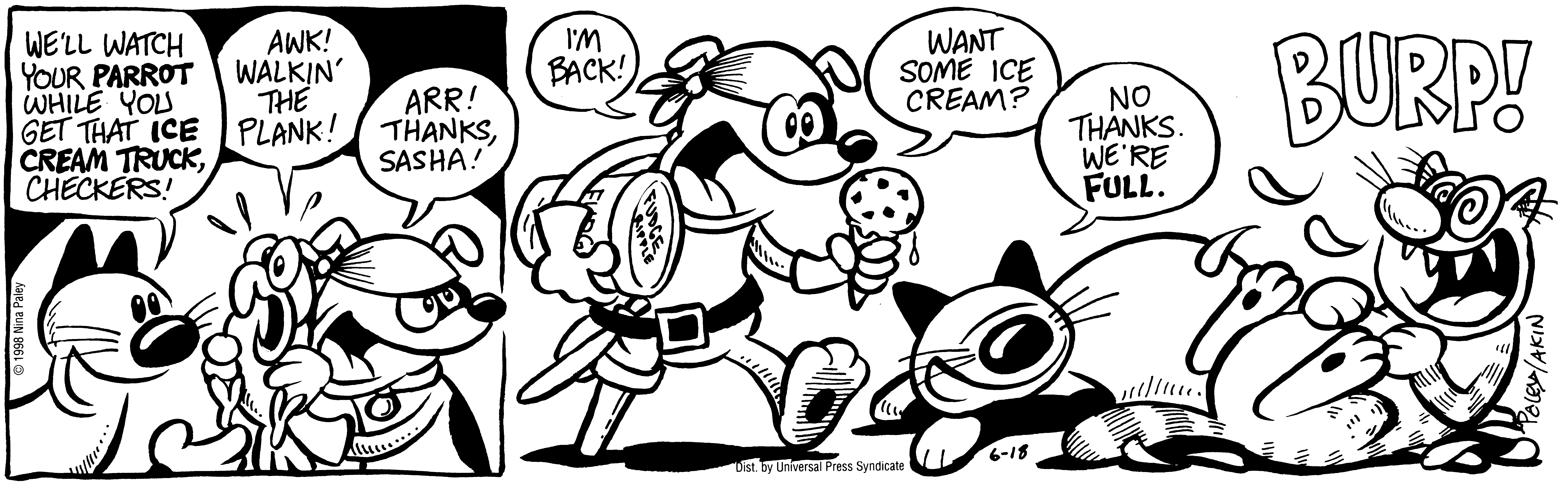 Fluff daily strip, Jun 18, 1998. Nina Paley, CC BY-SA 3.0 US. Print master from https://archive.org/details/FluffComicStrips (TIFF converted losslessly to PNG for the web).