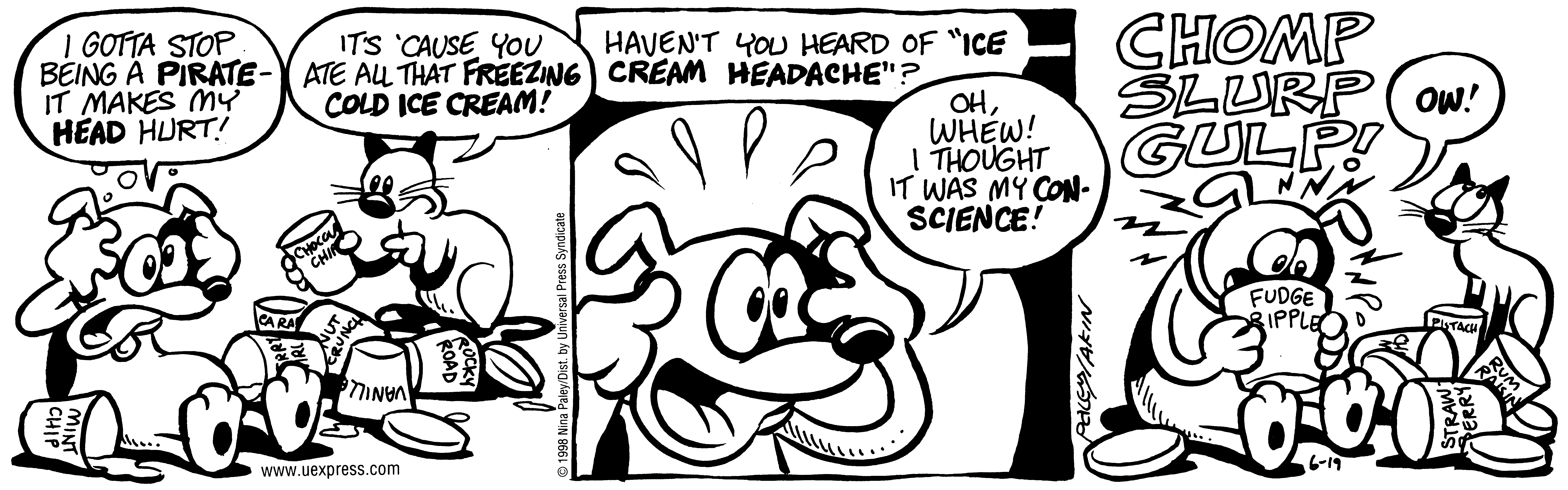 Fluff daily strip, Jun 19, 1998. Nina Paley, CC BY-SA 3.0 US. Print master from https://archive.org/details/FluffComicStrips (TIFF converted losslessly to PNG for the web).