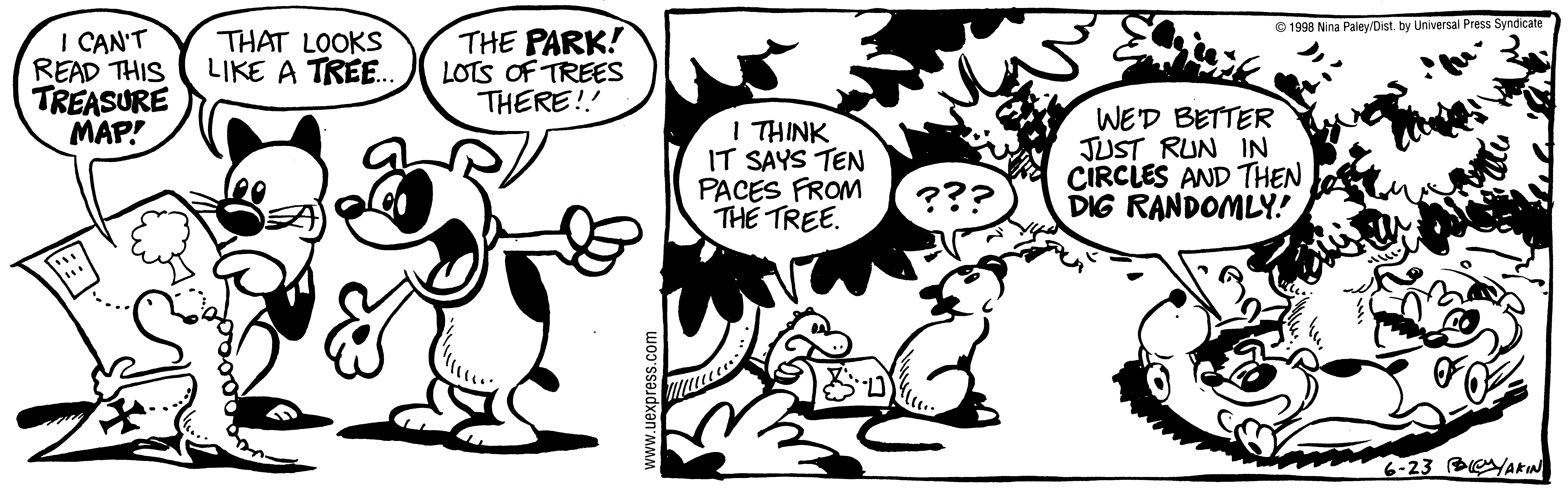 Fluff daily strip, Jun 23, 1998. Nina Paley, CC BY-SA 3.0 US. Print master from https://archive.org/details/FluffComicStrips (TIFF converted losslessly to PNG for the web).