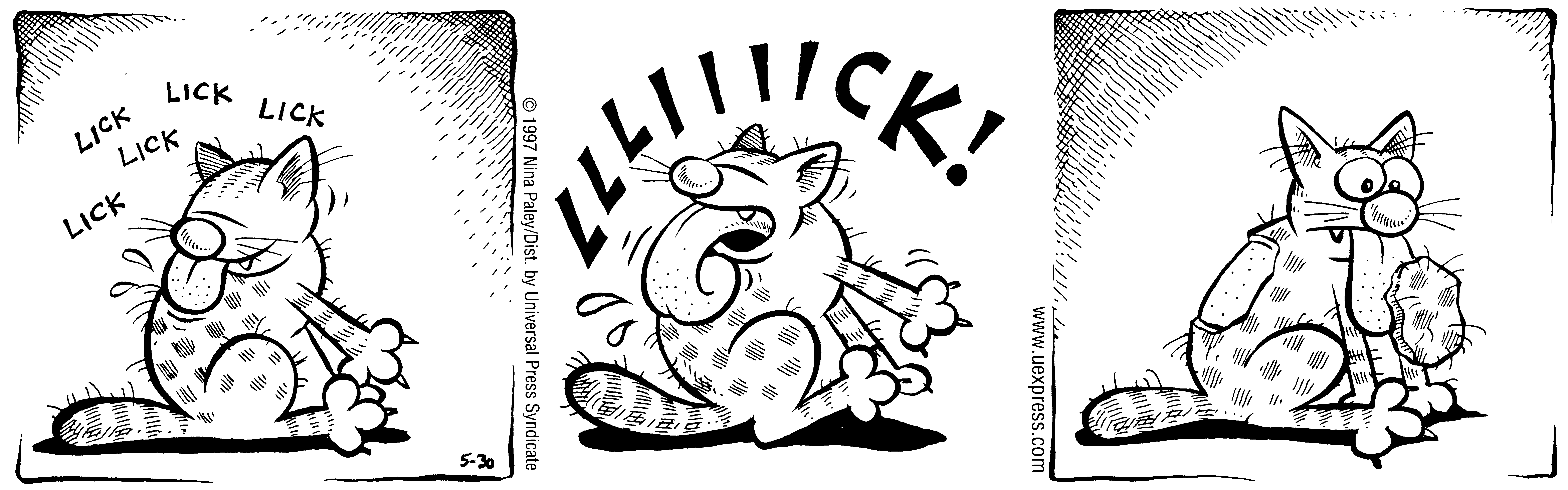 Fluff daily strip, May 30, 1997. Nina Paley, CC BY-SA 3.0 US. Print master from https://archive.org/details/FluffComicStrips (TIFF converted losslessly to PNG for the web).