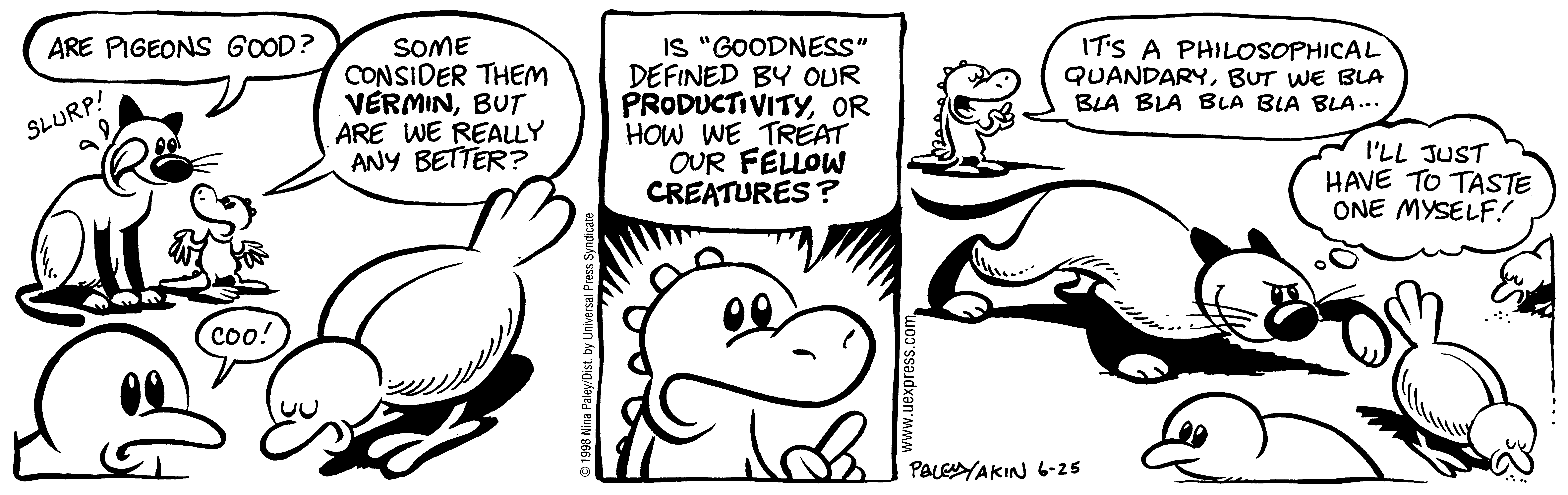 Fluff daily strip, Jun 25, 1998. Nina Paley, CC BY-SA 3.0 US. Print master from https://archive.org/details/FluffComicStrips (TIFF converted losslessly to PNG for the web).