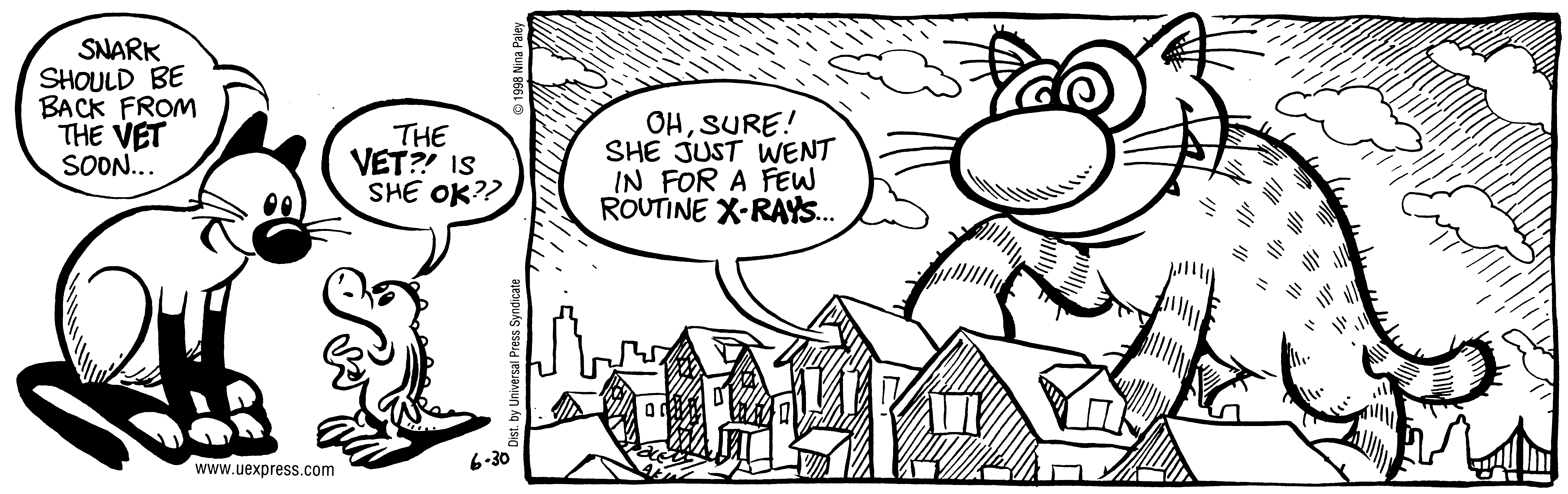 Fluff daily strip, Jun 30, 1998. Nina Paley, CC BY-SA 3.0 US. Print master from https://archive.org/details/FluffComicStrips (TIFF converted losslessly to PNG for the web).