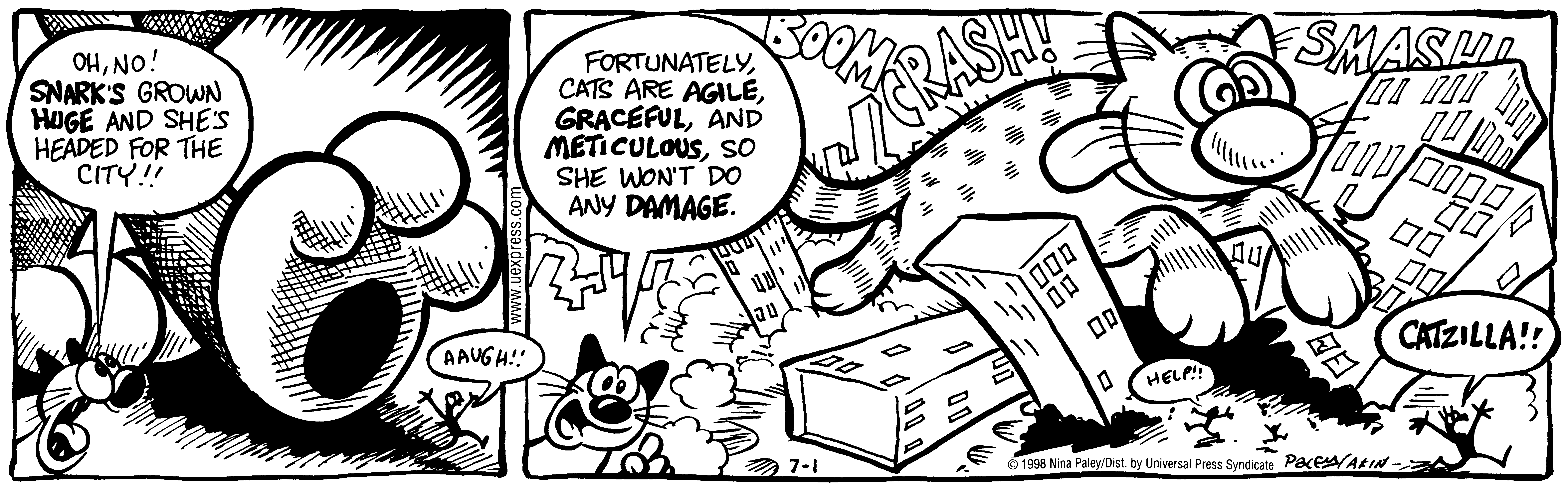 Fluff daily strip, Jul 1, 1998. Nina Paley, CC BY-SA 3.0 US. Print master from https://archive.org/details/FluffComicStrips (TIFF converted losslessly to PNG for the web).
