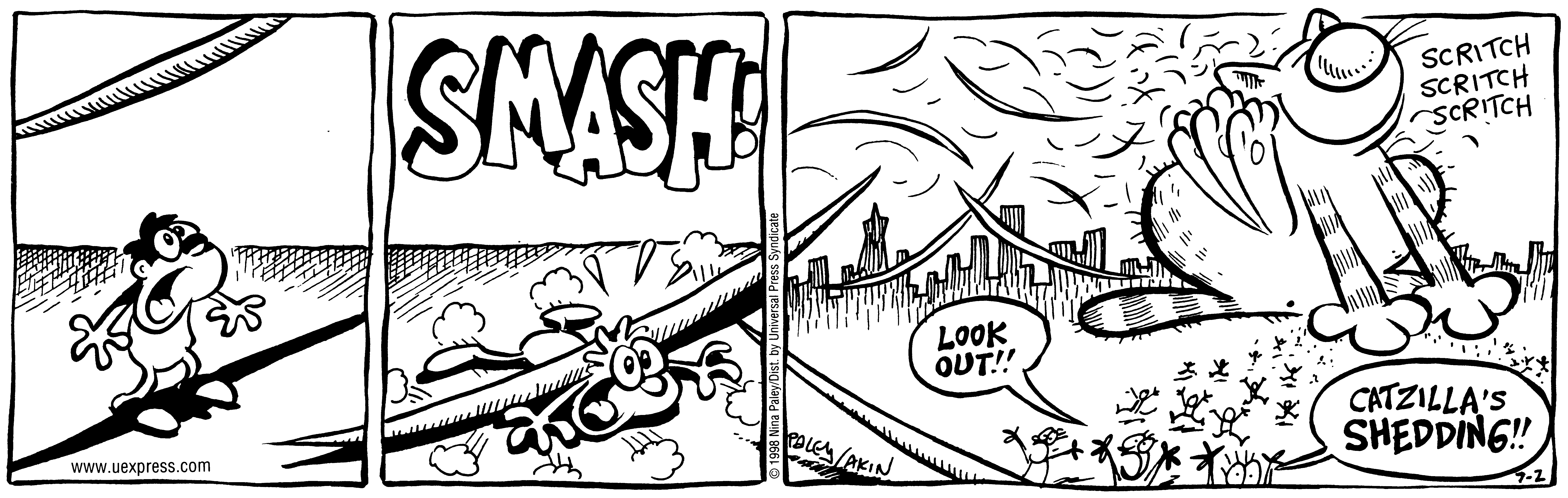Fluff daily strip, Jul 2, 1998. Nina Paley, CC BY-SA 3.0 US. Print master from https://archive.org/details/FluffComicStrips (TIFF converted losslessly to PNG for the web).