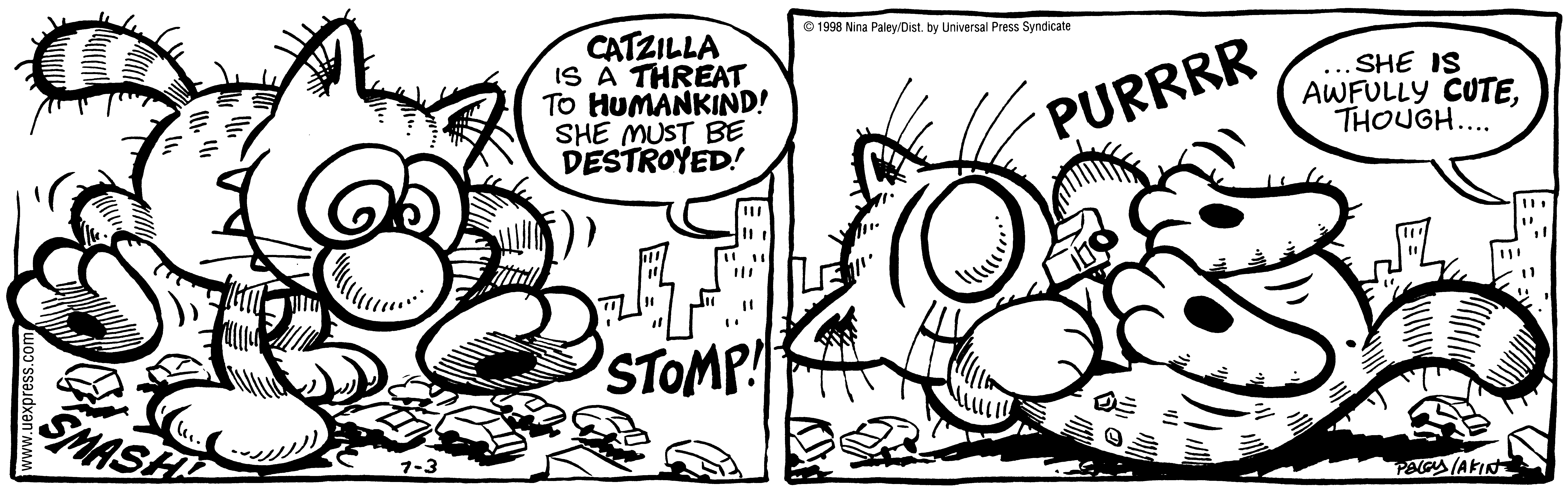Fluff daily strip, Jul 3, 1998. Nina Paley, CC BY-SA 3.0 US. Print master from https://archive.org/details/FluffComicStrips (TIFF converted losslessly to PNG for the web).