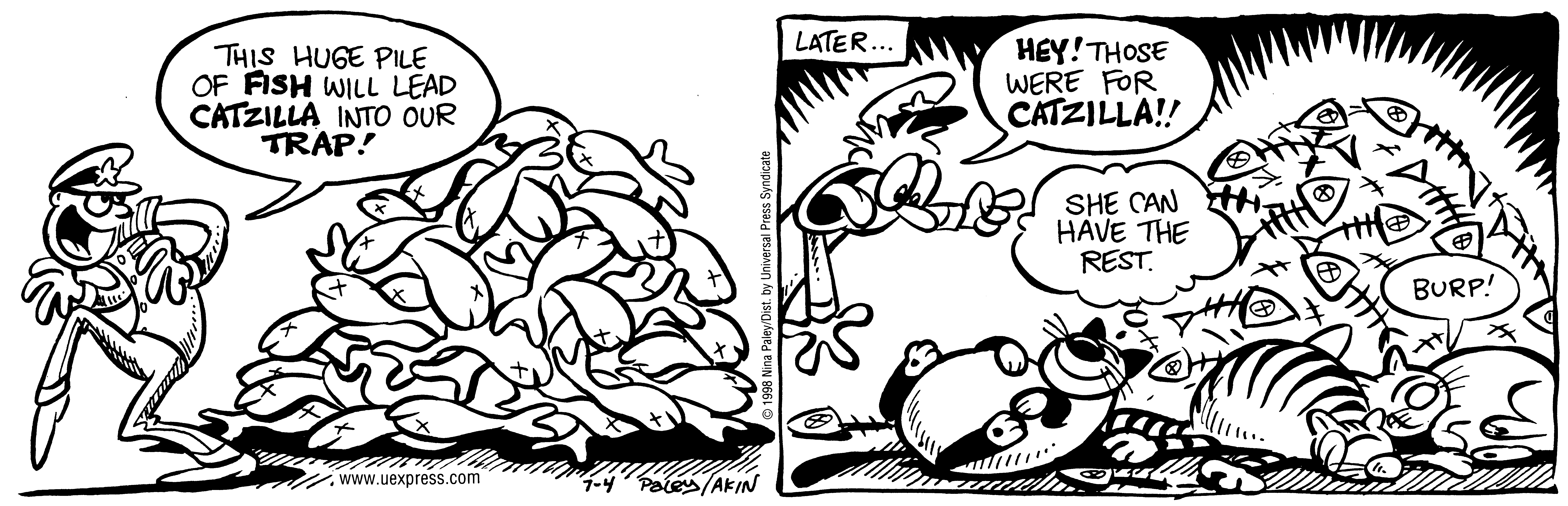 Fluff daily strip, Jul 4, 1998. Nina Paley, CC BY-SA 3.0 US. Print master from https://archive.org/details/FluffComicStrips (TIFF converted losslessly to PNG for the web).