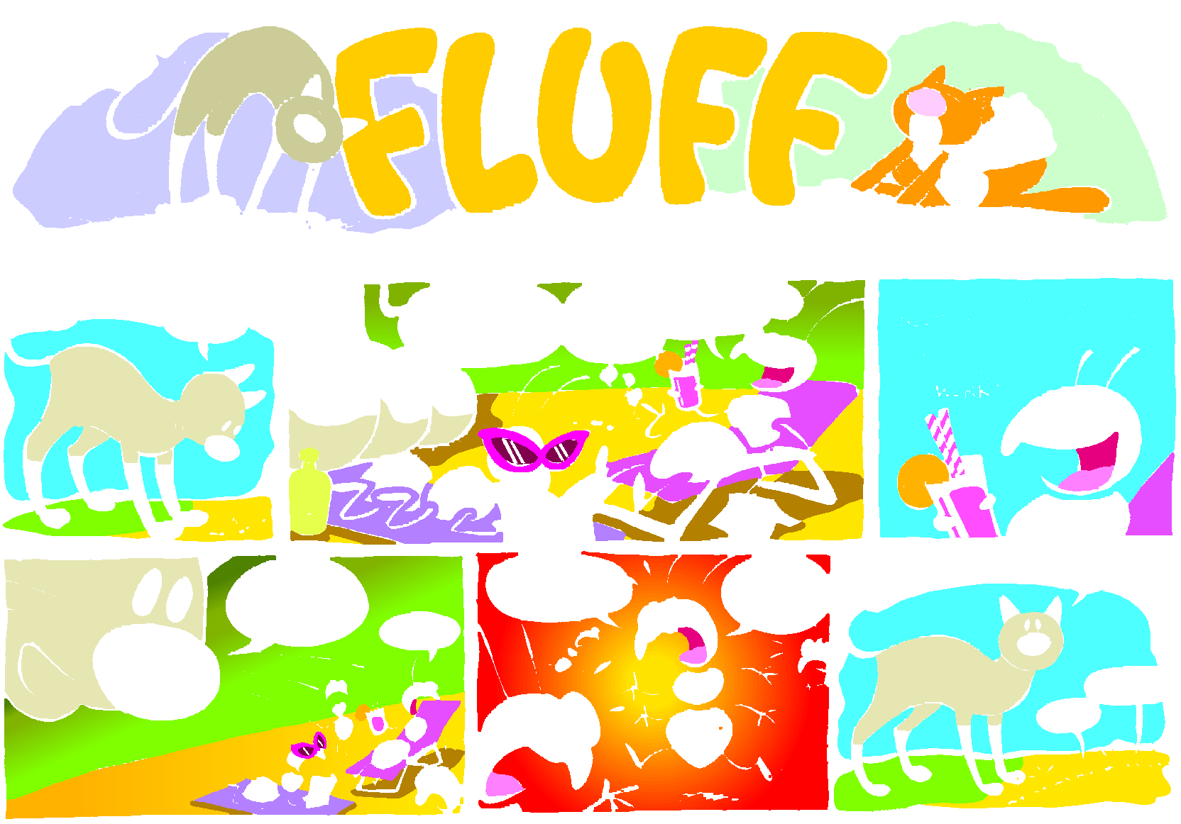 Fluff sunday strip, Jul 5, 1998. Nina Paley, CC BY-SA 3.0 US. Print master from https://archive.org/details/FluffComicStrips (TIFF converted losslessly to PNG for the web).