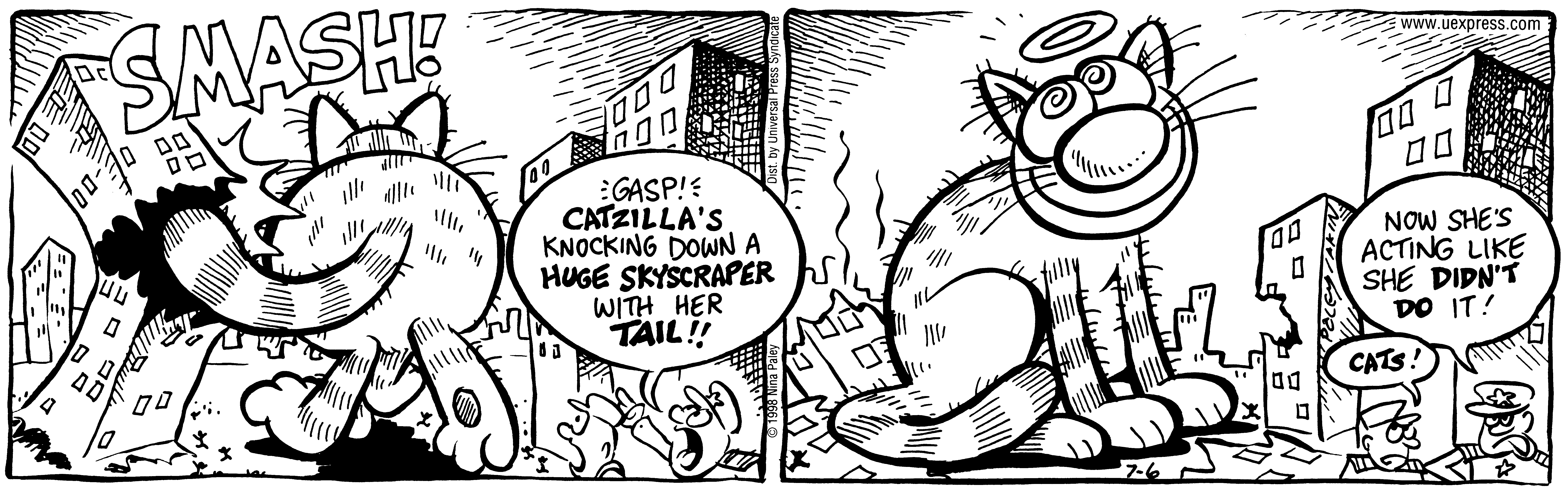 Fluff daily strip, Jul 6, 1998. Nina Paley, CC BY-SA 3.0 US. Print master from https://archive.org/details/FluffComicStrips (TIFF converted losslessly to PNG for the web).