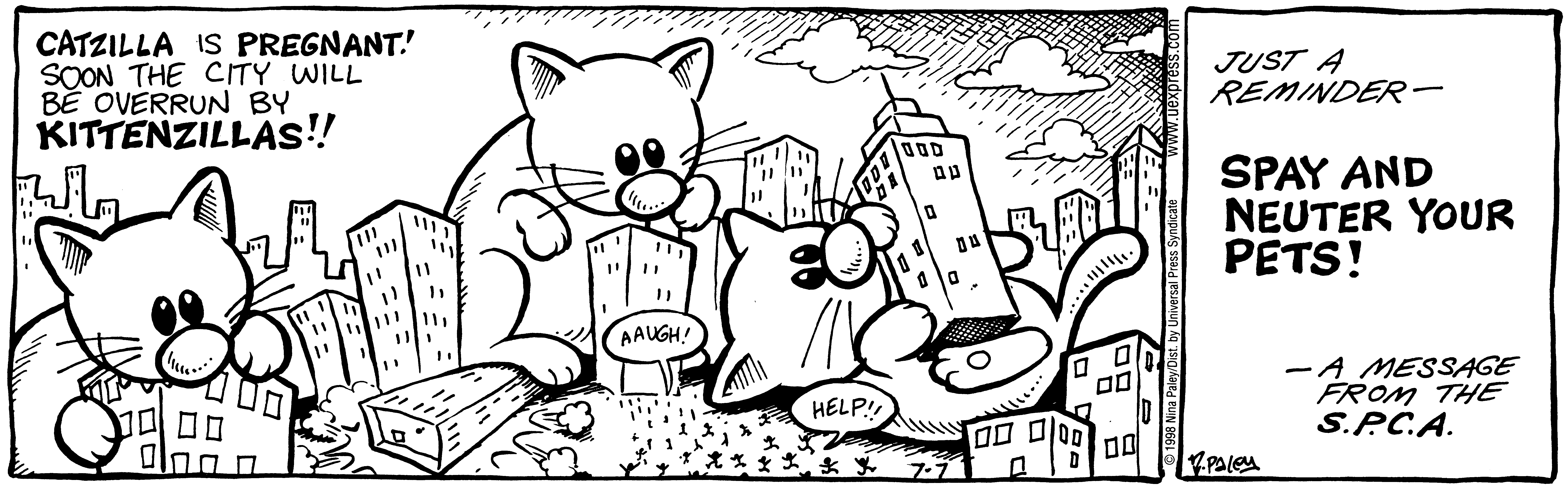 Fluff daily strip, Jul 7, 1998. Nina Paley, CC BY-SA 3.0 US. Print master from https://archive.org/details/FluffComicStrips (TIFF converted losslessly to PNG for the web).