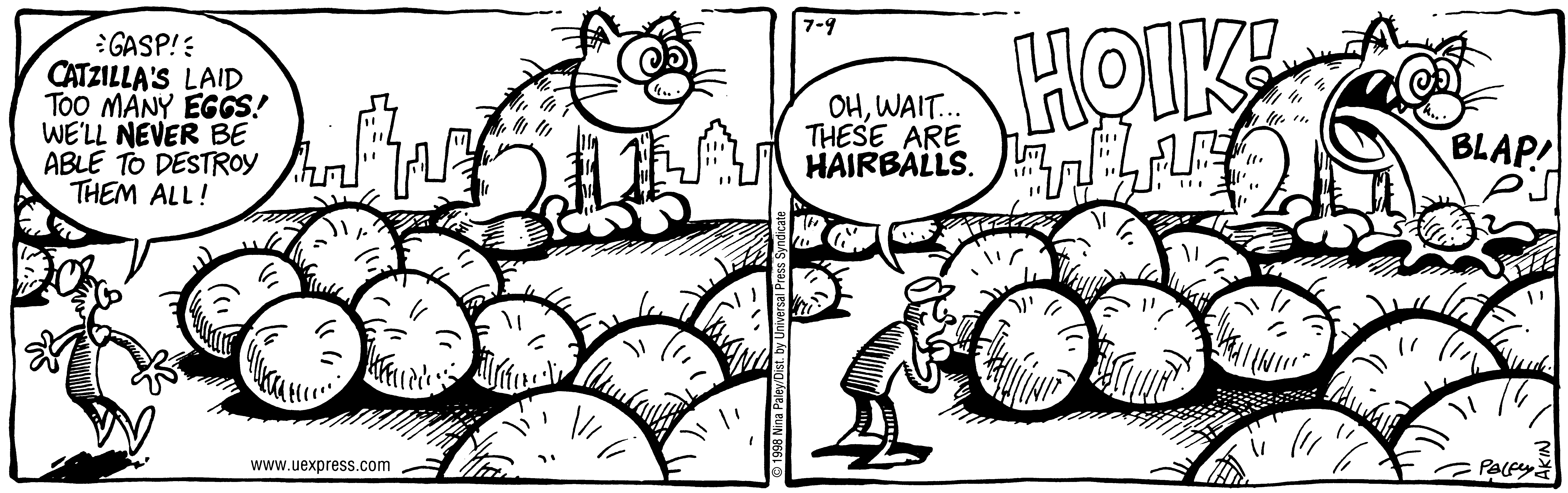 Fluff daily strip, Jul 9, 1998. Nina Paley, CC BY-SA 3.0 US. Print master from https://archive.org/details/FluffComicStrips (TIFF converted losslessly to PNG for the web).