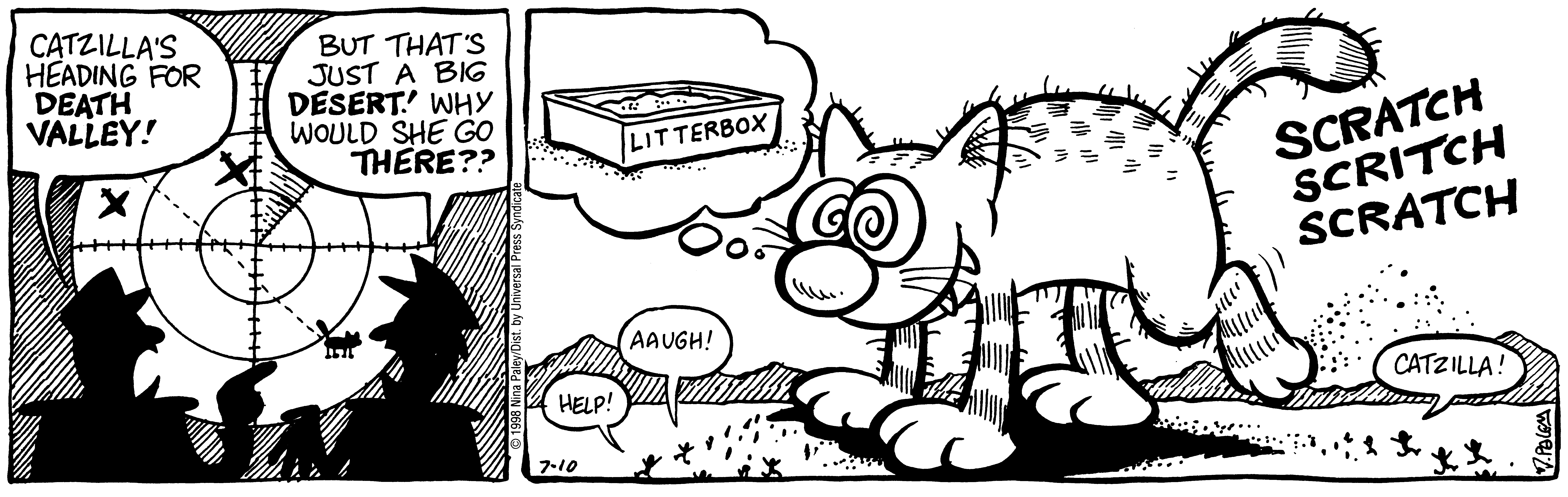 Fluff daily strip, Jul 10, 1998. Nina Paley, CC BY-SA 3.0 US. Print master from https://archive.org/details/FluffComicStrips (TIFF converted losslessly to PNG for the web).