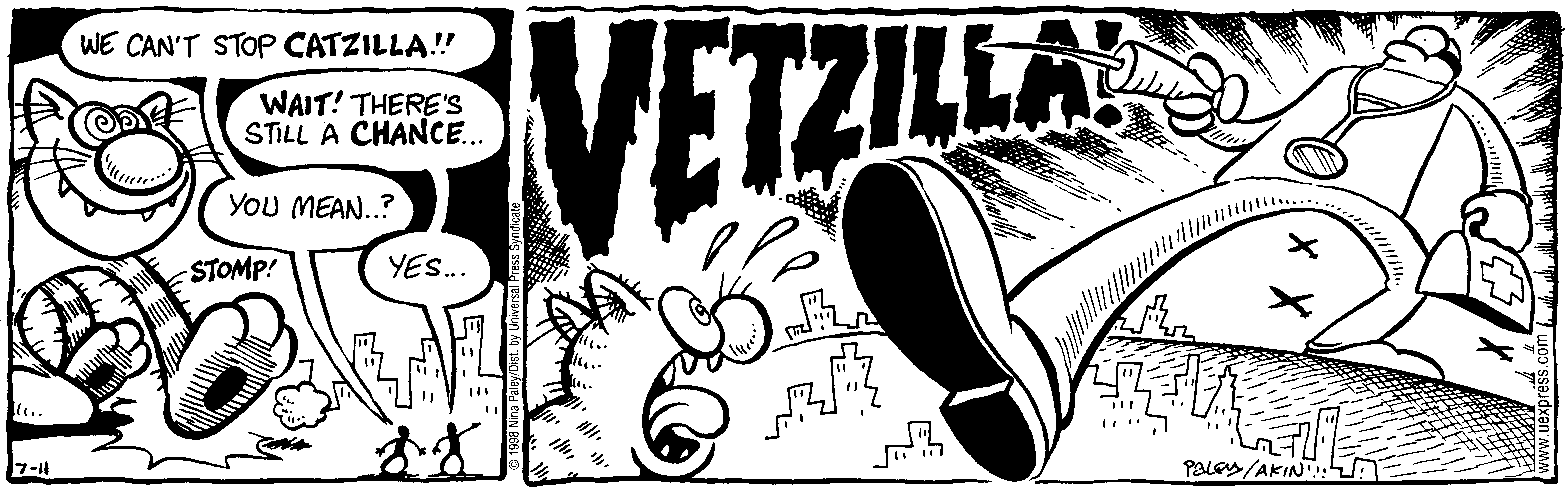 Fluff daily strip, Jul 11, 1998. Nina Paley, CC BY-SA 3.0 US. Print master from https://archive.org/details/FluffComicStrips (TIFF converted losslessly to PNG for the web).