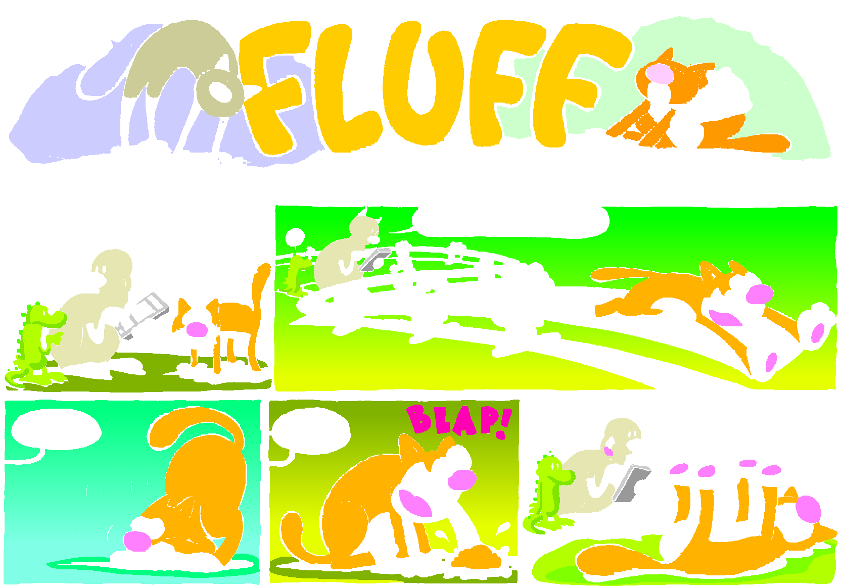 Fluff sunday strip, Jul 12, 1998. Nina Paley, CC BY-SA 3.0 US. Print master from https://archive.org/details/FluffComicStrips (TIFF converted losslessly to PNG for the web).