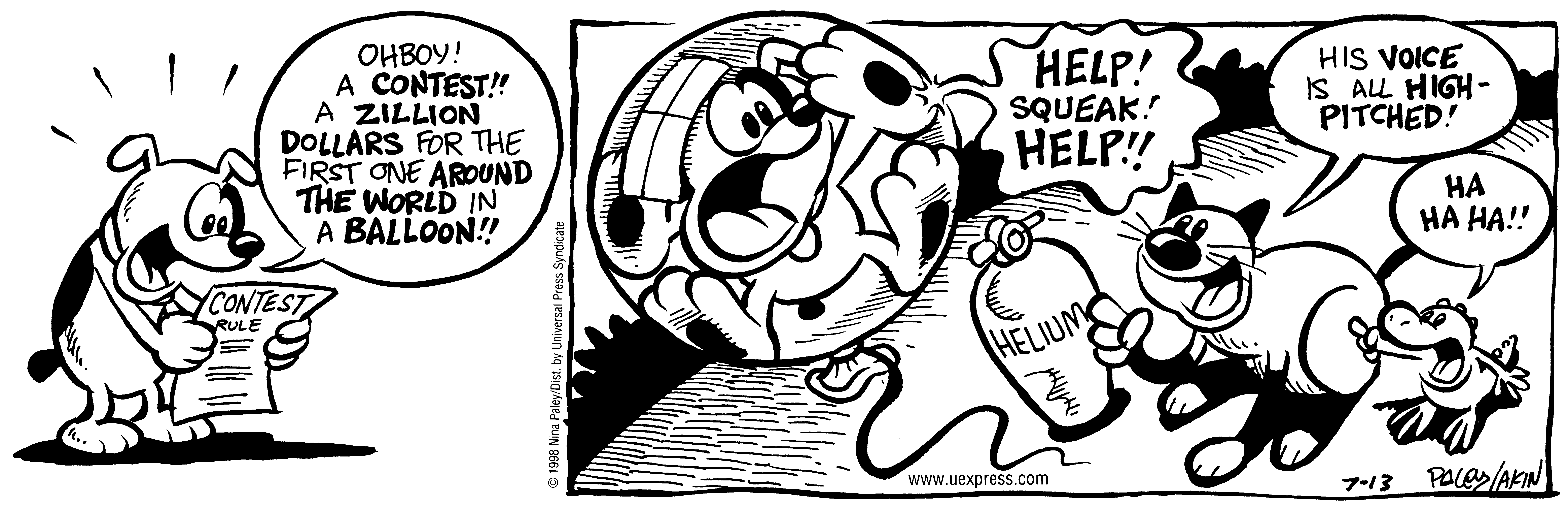 Fluff daily strip, Jul 13, 1998. Nina Paley, CC BY-SA 3.0 US. Print master from https://archive.org/details/FluffComicStrips (TIFF converted losslessly to PNG for the web).