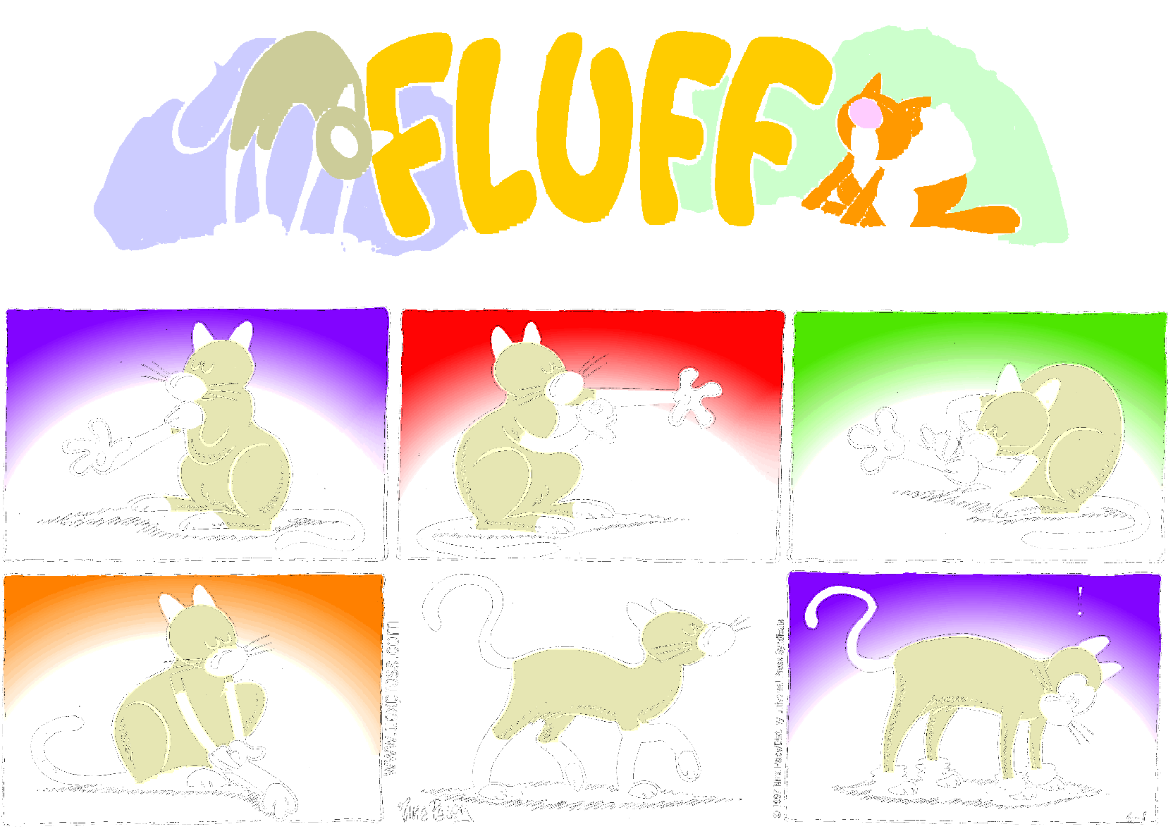 Fluff sunday strip, Jun 1, 1997. Nina Paley, CC BY-SA 3.0 US. Print master from https://archive.org/details/FluffComicStrips (TIFF converted losslessly to PNG for the web).