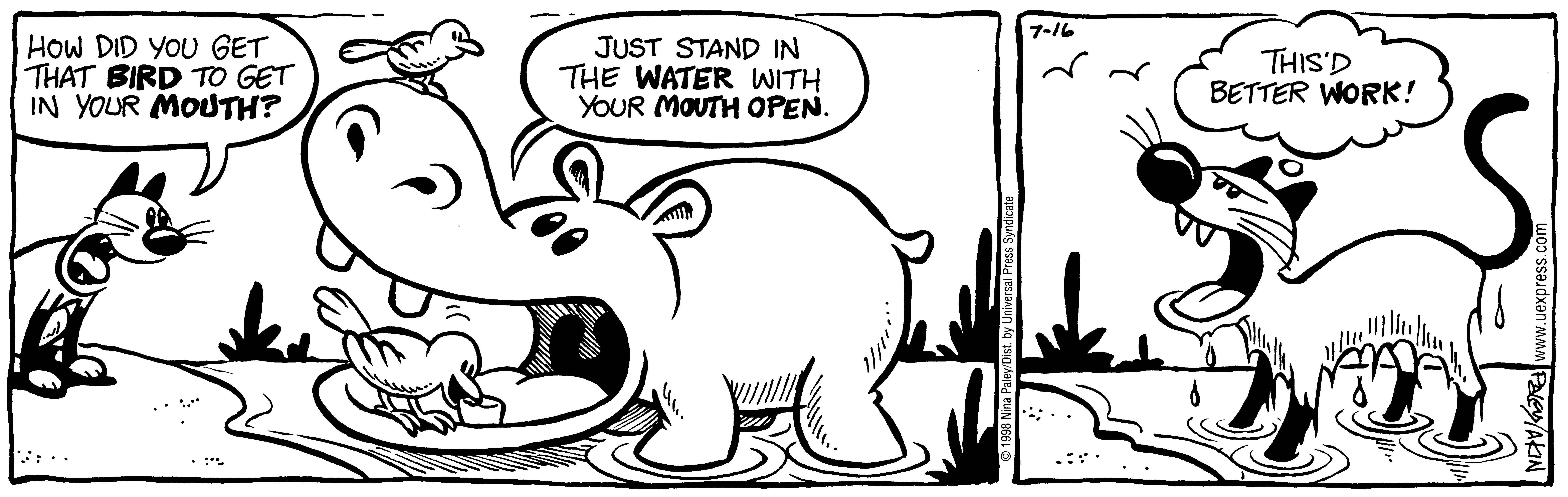 Fluff daily strip, Jul 16, 1998. Nina Paley, CC BY-SA 3.0 US. Print master from https://archive.org/details/FluffComicStrips (TIFF converted losslessly to PNG for the web).
