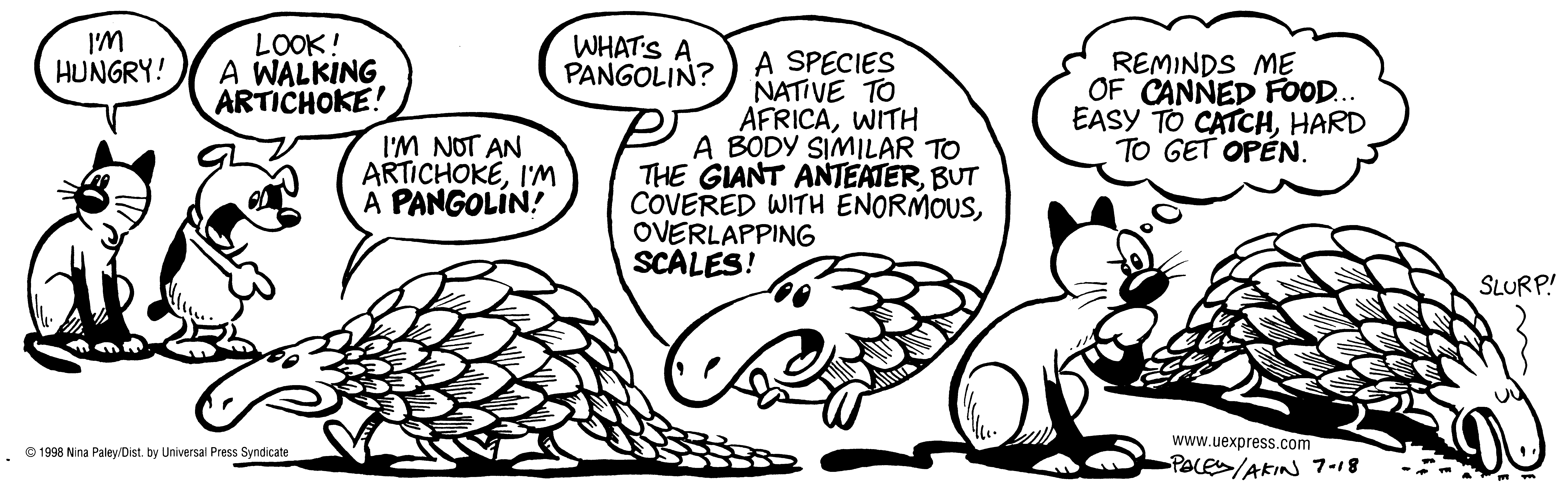 Fluff daily strip, Jul 18, 1998. Nina Paley, CC BY-SA 3.0 US. Print master from https://archive.org/details/FluffComicStrips (TIFF converted losslessly to PNG for the web).