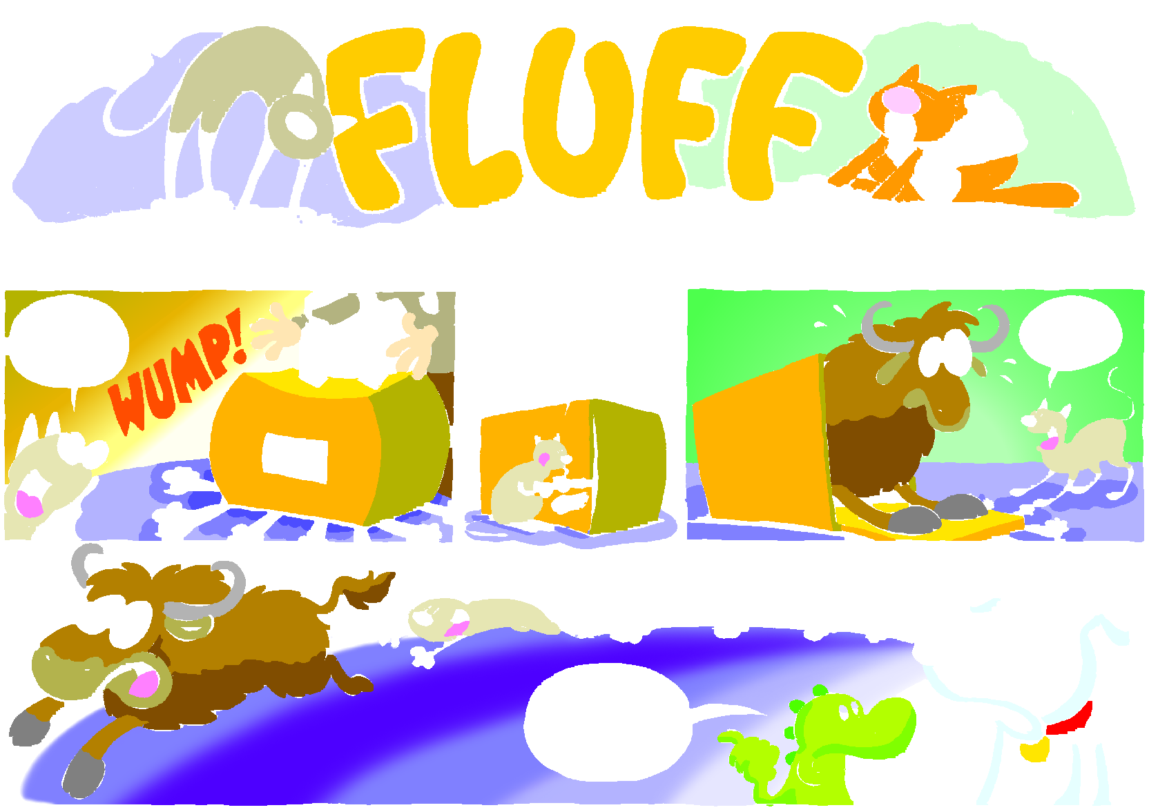 Fluff sunday strip, Jul 19, 1998. Nina Paley, CC BY-SA 3.0 US. Print master from https://archive.org/details/FluffComicStrips (TIFF converted losslessly to PNG for the web).
