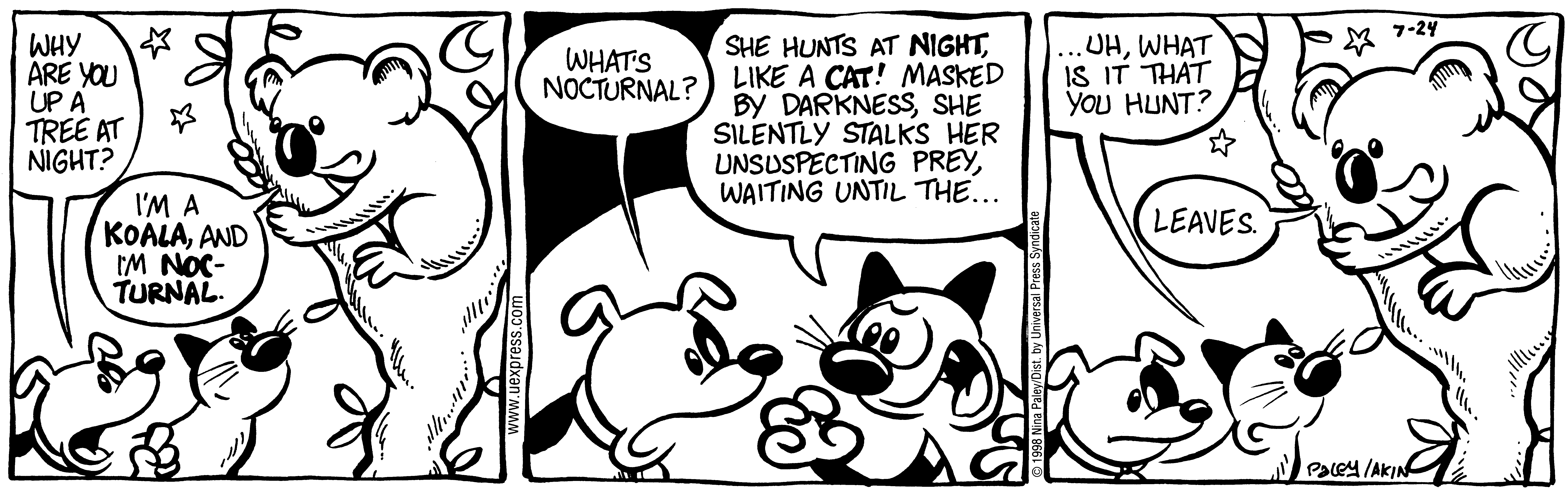 Fluff daily strip, Jul 24, 1998. Nina Paley, CC BY-SA 3.0 US. Print master from https://archive.org/details/FluffComicStrips (TIFF converted losslessly to PNG for the web).