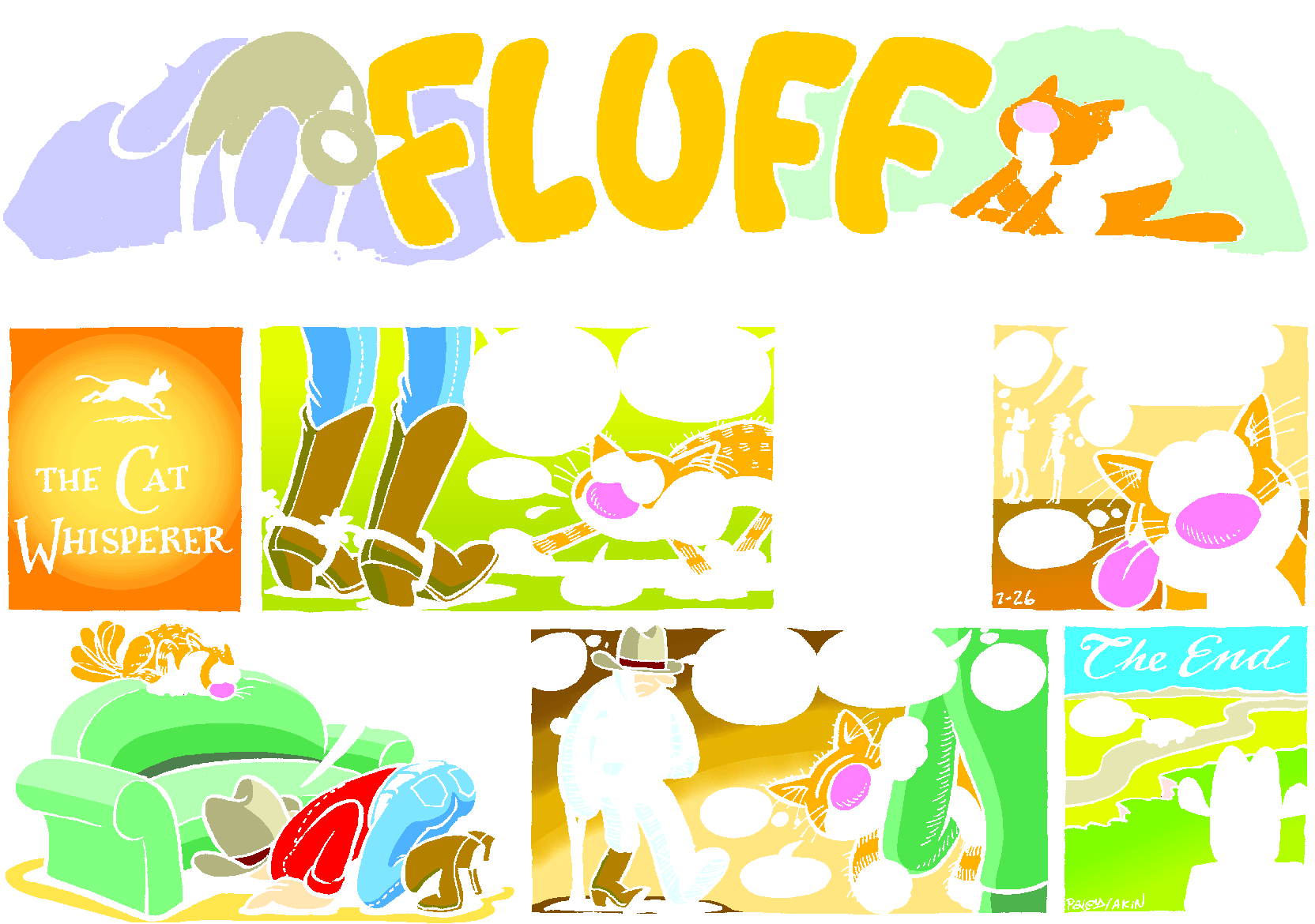 Fluff sunday strip, Jul 26, 1998. Nina Paley, CC BY-SA 3.0 US. Print master from https://archive.org/details/FluffComicStrips (TIFF converted losslessly to PNG for the web).