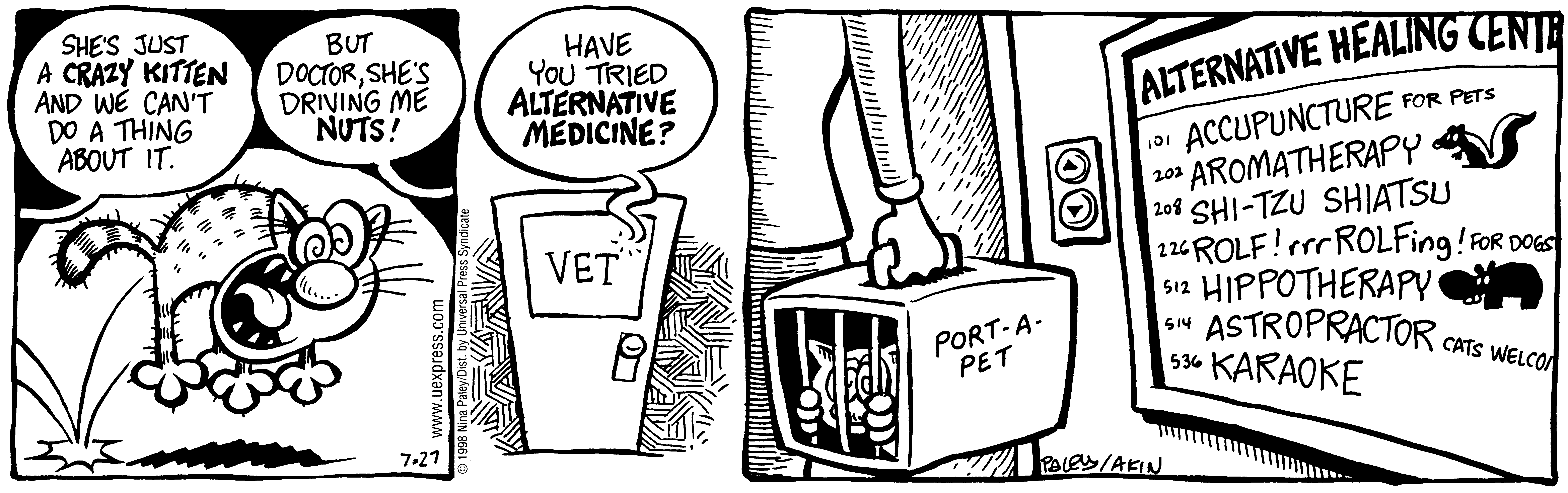 Fluff daily strip, Jul 27, 1998. Nina Paley, CC BY-SA 3.0 US. Print master from https://archive.org/details/FluffComicStrips (TIFF converted losslessly to PNG for the web).
