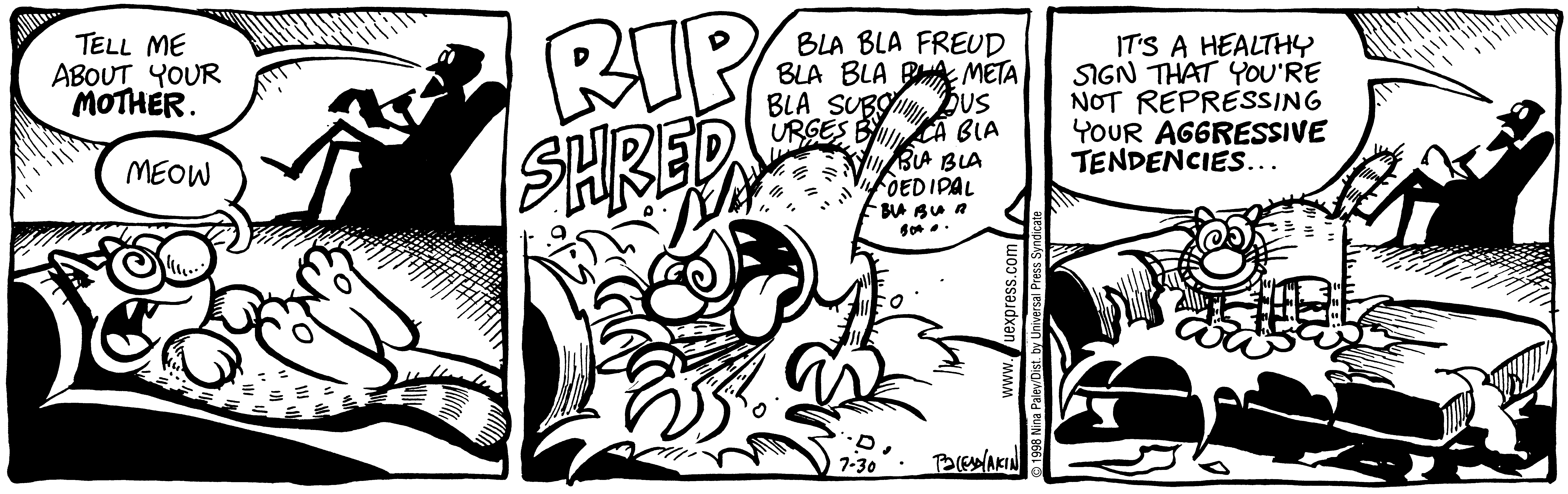 Fluff daily strip, Jul 30, 1998. Nina Paley, CC BY-SA 3.0 US. Print master from https://archive.org/details/FluffComicStrips (TIFF converted losslessly to PNG for the web).