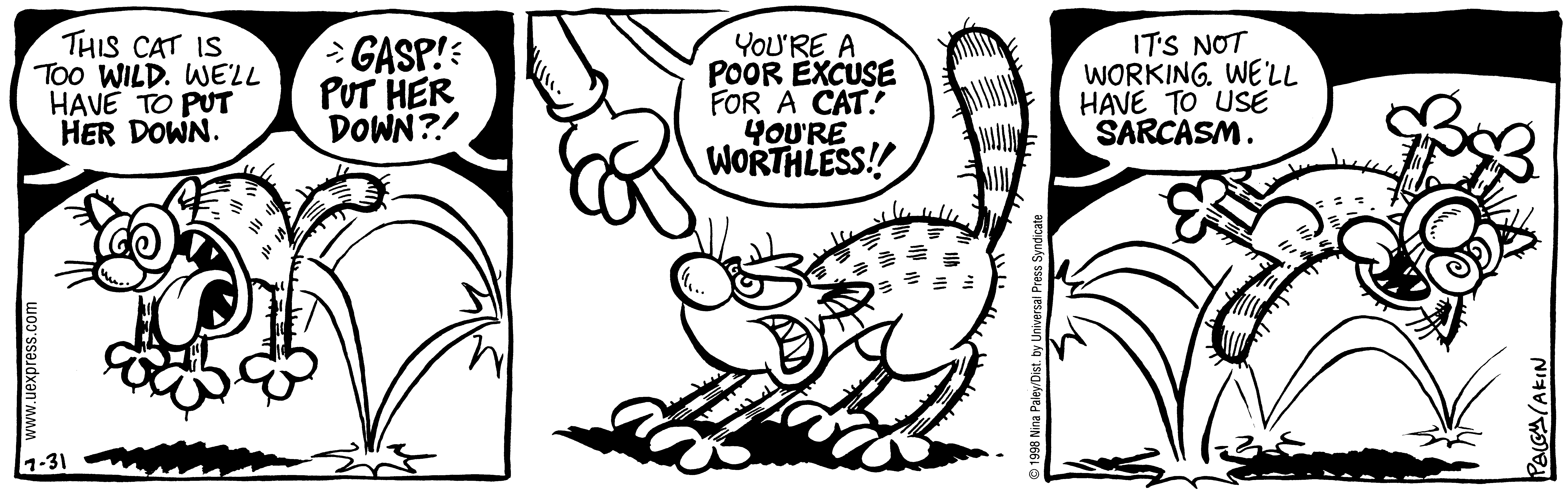 Fluff daily strip, Jul 31, 1998. Nina Paley, CC BY-SA 3.0 US. Print master from https://archive.org/details/FluffComicStrips (TIFF converted losslessly to PNG for the web).