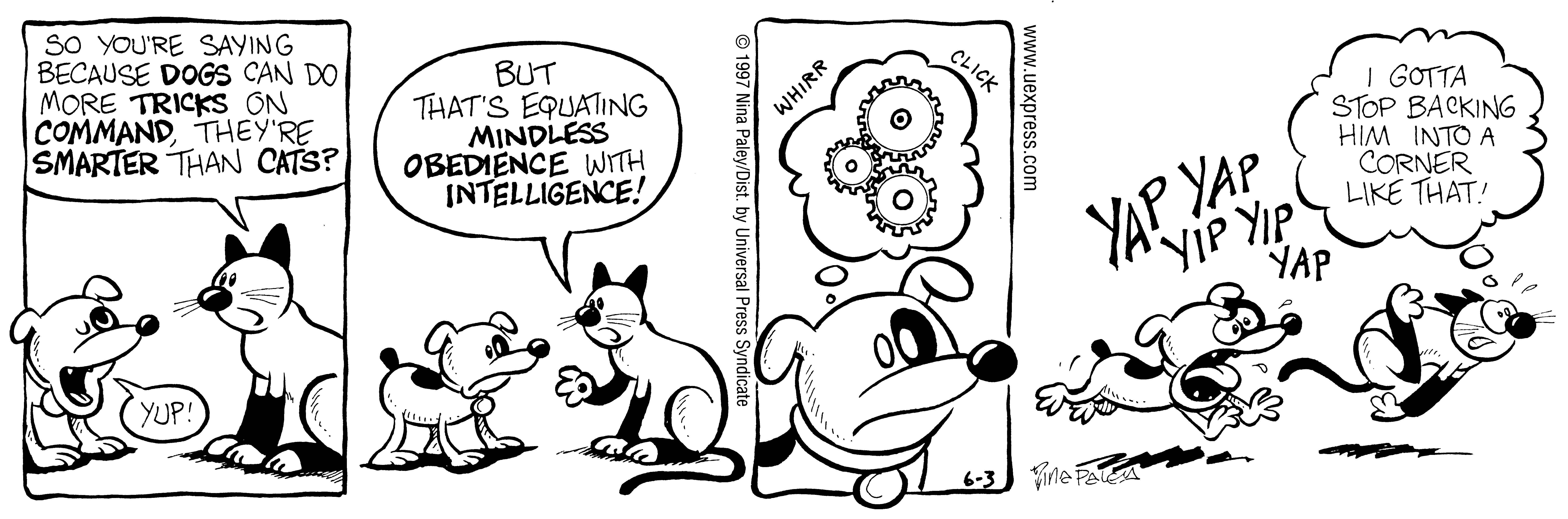Fluff daily strip, Jun 3, 1997. Nina Paley, CC BY-SA 3.0 US. Print master from https://archive.org/details/FluffComicStrips (TIFF converted losslessly to PNG for the web).