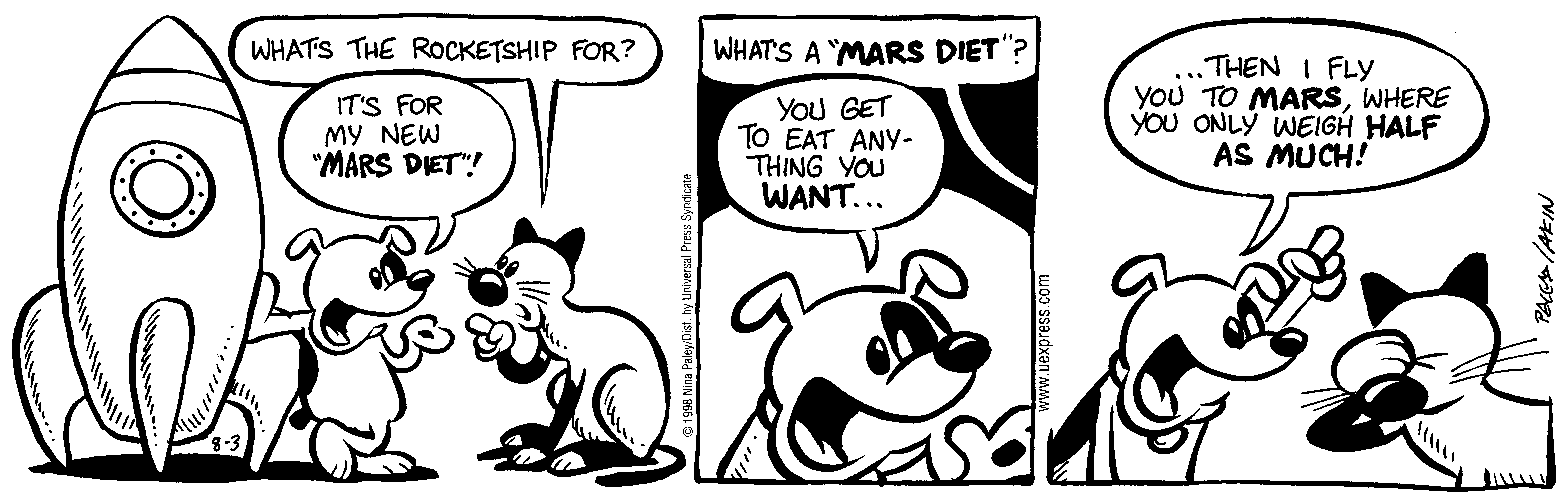 Fluff daily strip, Aug 3, 1998. Nina Paley, CC BY-SA 3.0 US. Print master from https://archive.org/details/FluffComicStrips (TIFF converted losslessly to PNG for the web).
