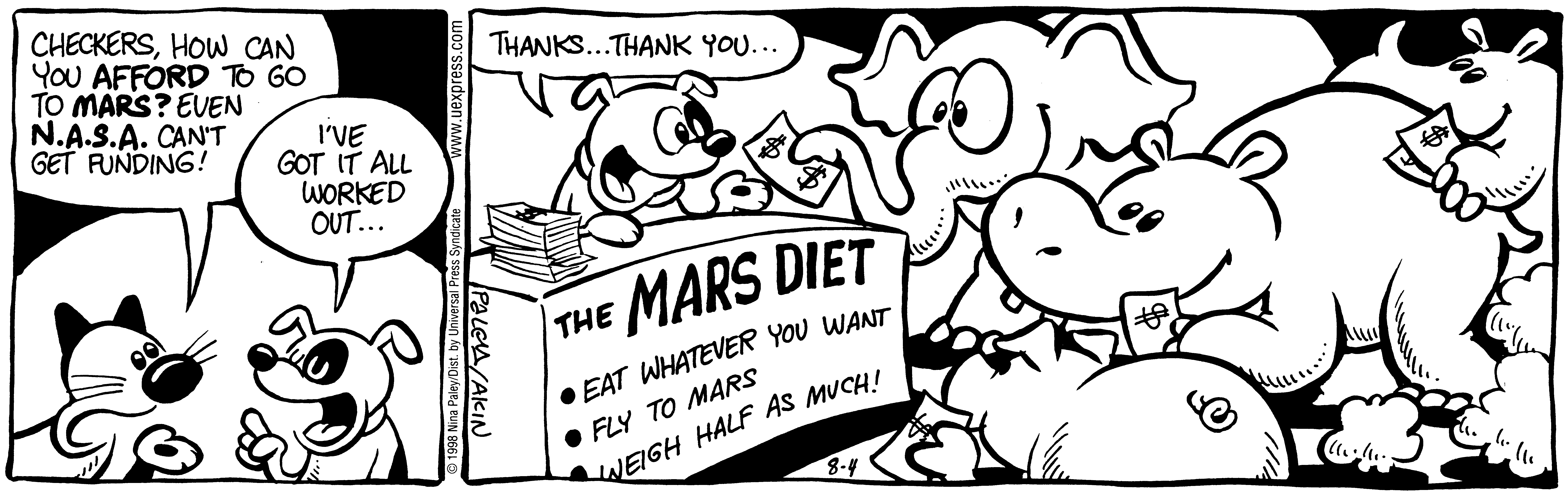 Fluff daily strip, Aug 4, 1998. Nina Paley, CC BY-SA 3.0 US. Print master from https://archive.org/details/FluffComicStrips (TIFF converted losslessly to PNG for the web).