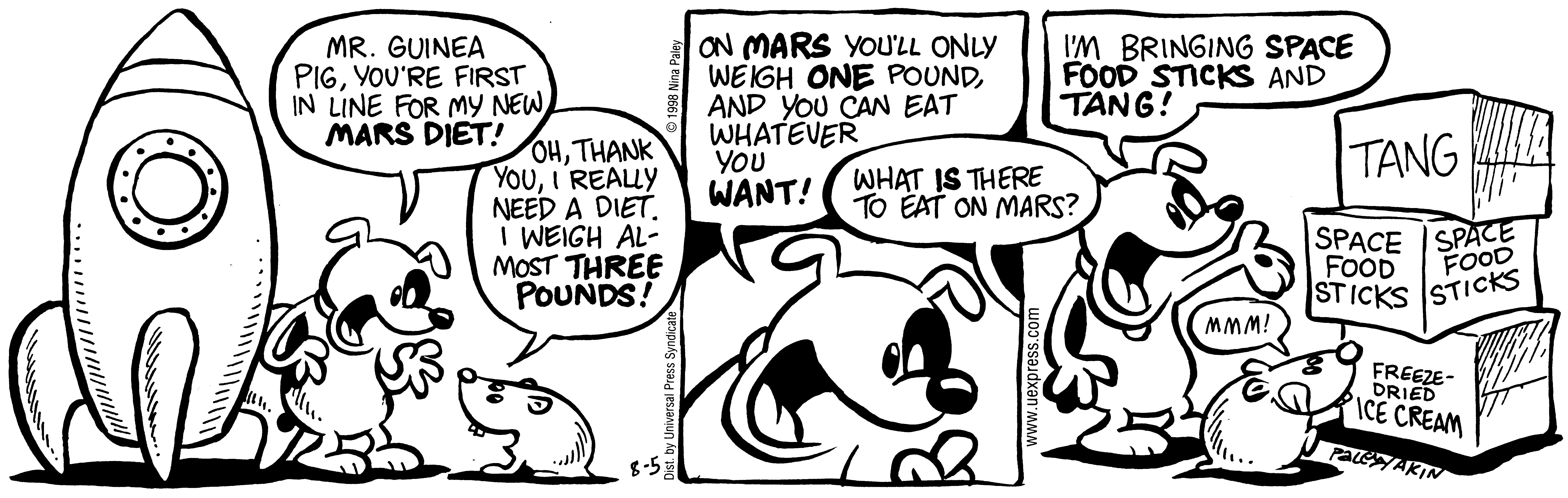 Fluff daily strip, Aug 5, 1998. Nina Paley, CC BY-SA 3.0 US. Print master from https://archive.org/details/FluffComicStrips (TIFF converted losslessly to PNG for the web).