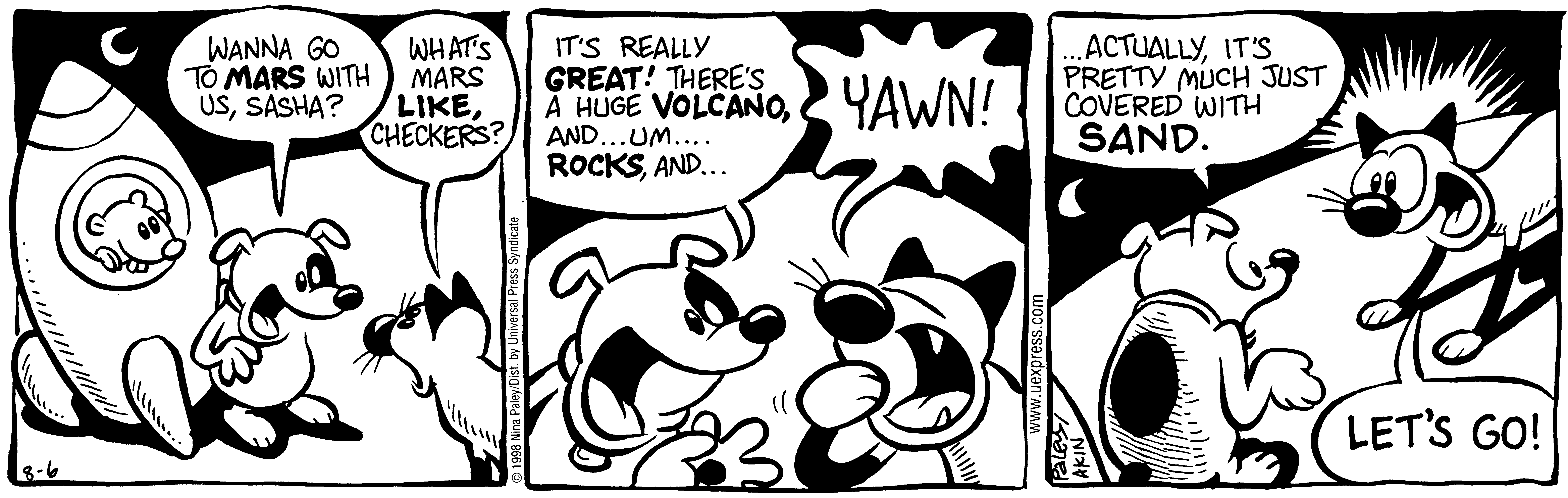 Fluff daily strip, Aug 6, 1998. Nina Paley, CC BY-SA 3.0 US. Print master from https://archive.org/details/FluffComicStrips (TIFF converted losslessly to PNG for the web).