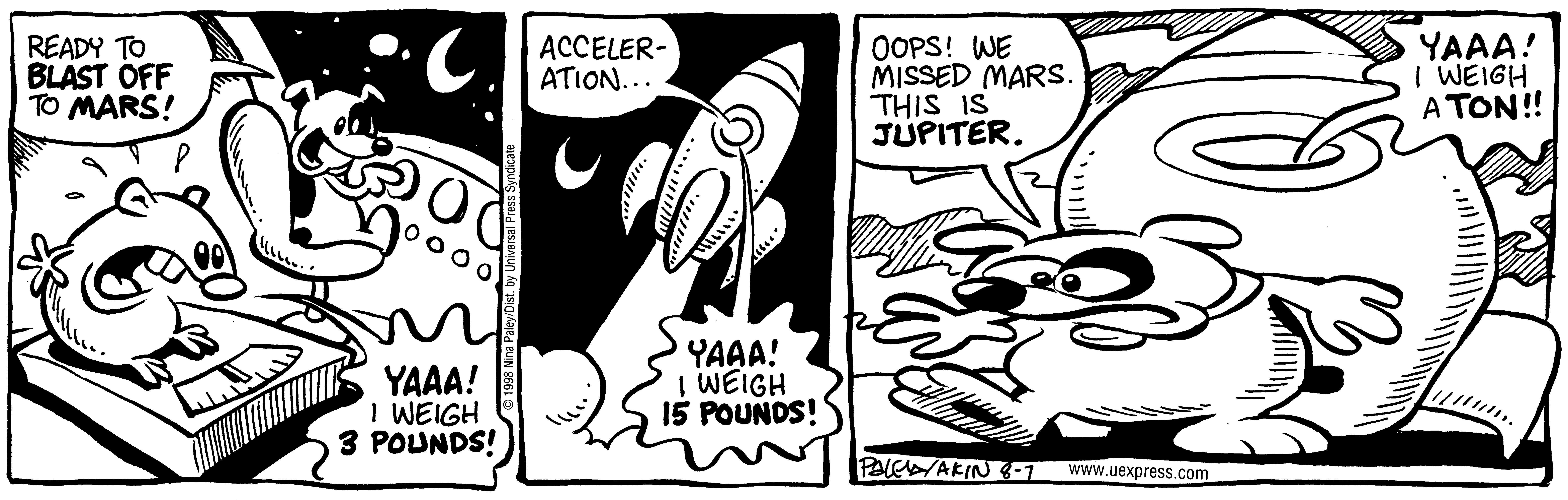 Fluff daily strip, Aug 7, 1998. Nina Paley, CC BY-SA 3.0 US. Print master from https://archive.org/details/FluffComicStrips (TIFF converted losslessly to PNG for the web).