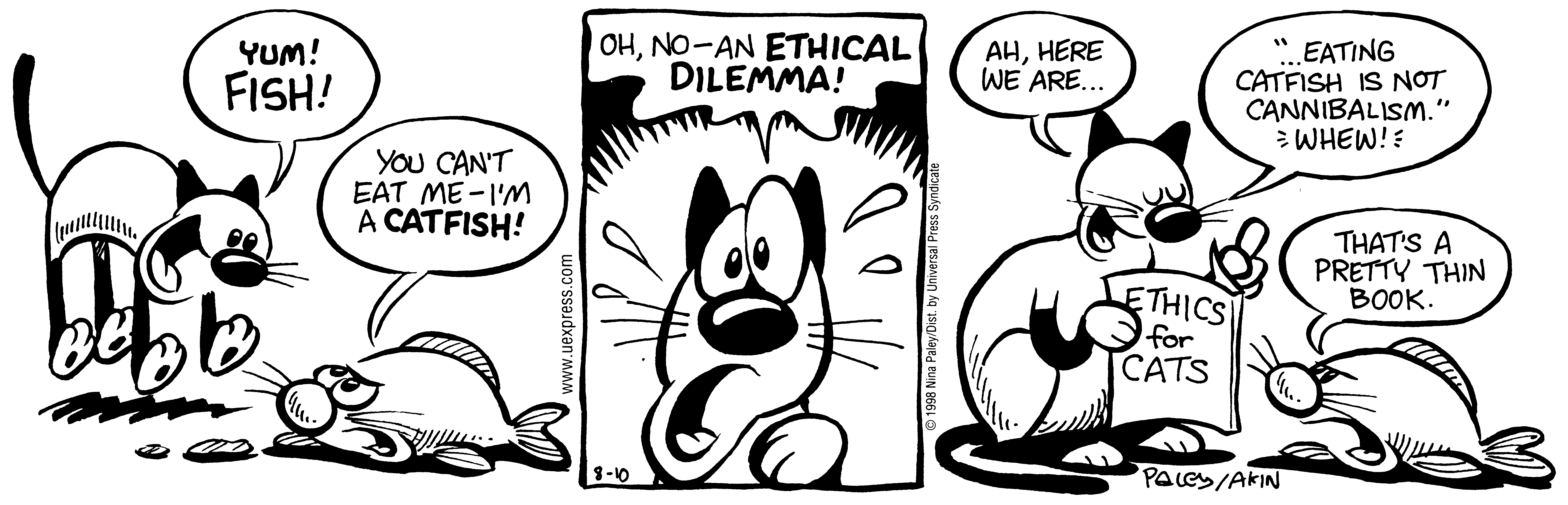 Fluff daily strip, Aug 10, 1998. Nina Paley, CC BY-SA 3.0 US. Print master from https://archive.org/details/FluffComicStrips (TIFF converted losslessly to PNG for the web).