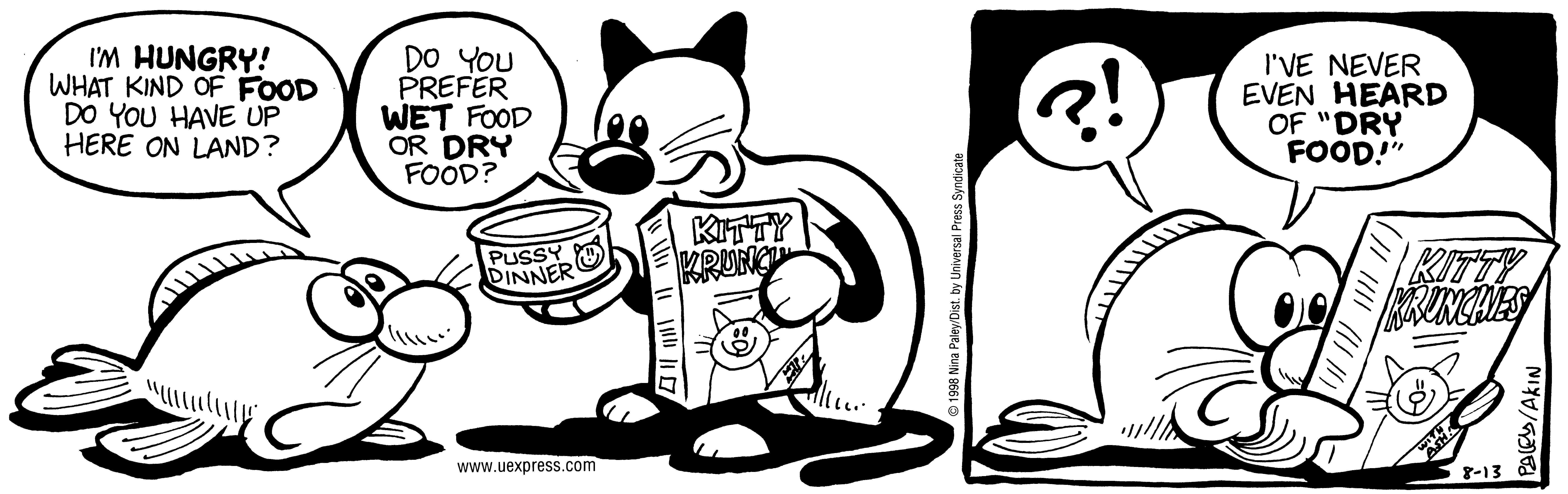 Fluff daily strip, Aug 13, 1998. Nina Paley, CC BY-SA 3.0 US. Print master from https://archive.org/details/FluffComicStrips (TIFF converted losslessly to PNG for the web).