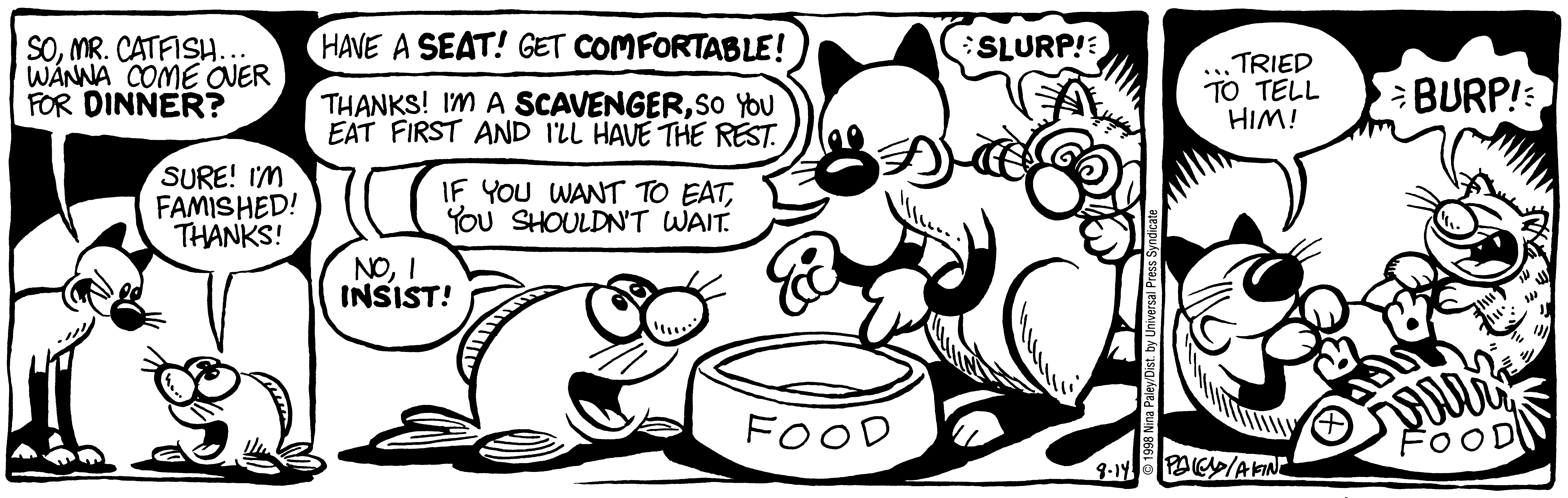 Fluff daily strip, Aug 14, 1998. Nina Paley, CC BY-SA 3.0 US. Print master from https://archive.org/details/FluffComicStrips (TIFF converted losslessly to PNG for the web).
