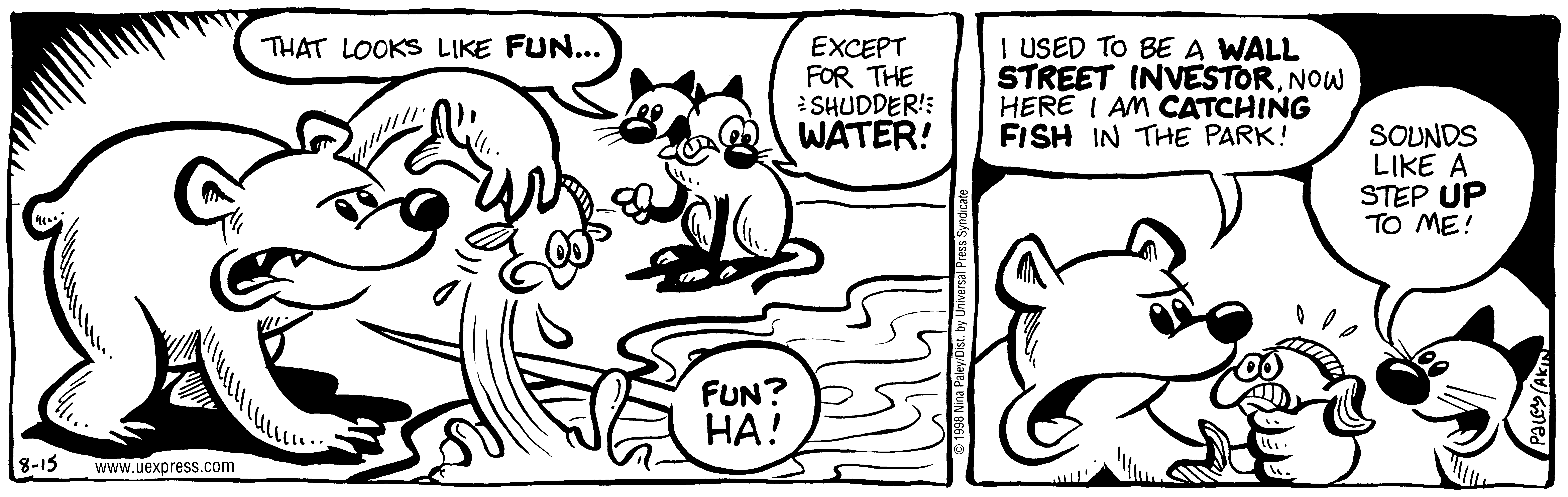 Fluff daily strip, Aug 15, 1998. Nina Paley, CC BY-SA 3.0 US. Print master from https://archive.org/details/FluffComicStrips (TIFF converted losslessly to PNG for the web).