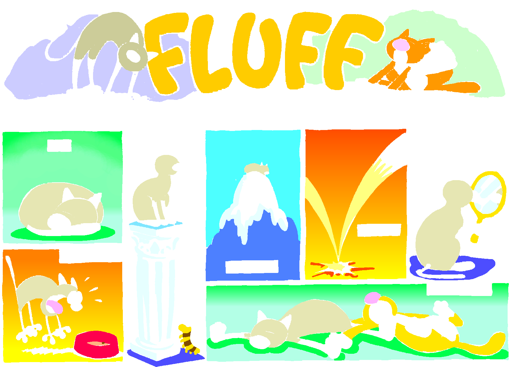 Fluff sunday strip, Aug 16, 1998. Nina Paley, CC BY-SA 3.0 US. Print master from https://archive.org/details/FluffComicStrips (TIFF converted losslessly to PNG for the web).