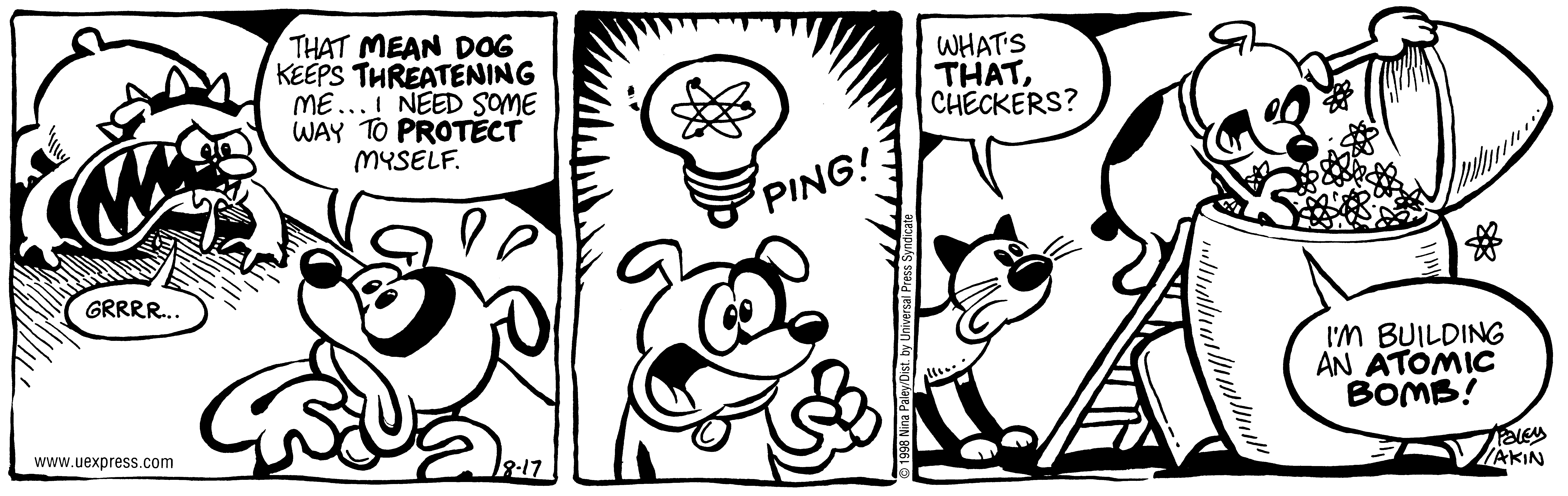 Fluff daily strip, Aug 17, 1998. Nina Paley, CC BY-SA 3.0 US. Print master from https://archive.org/details/FluffComicStrips (TIFF converted losslessly to PNG for the web).
