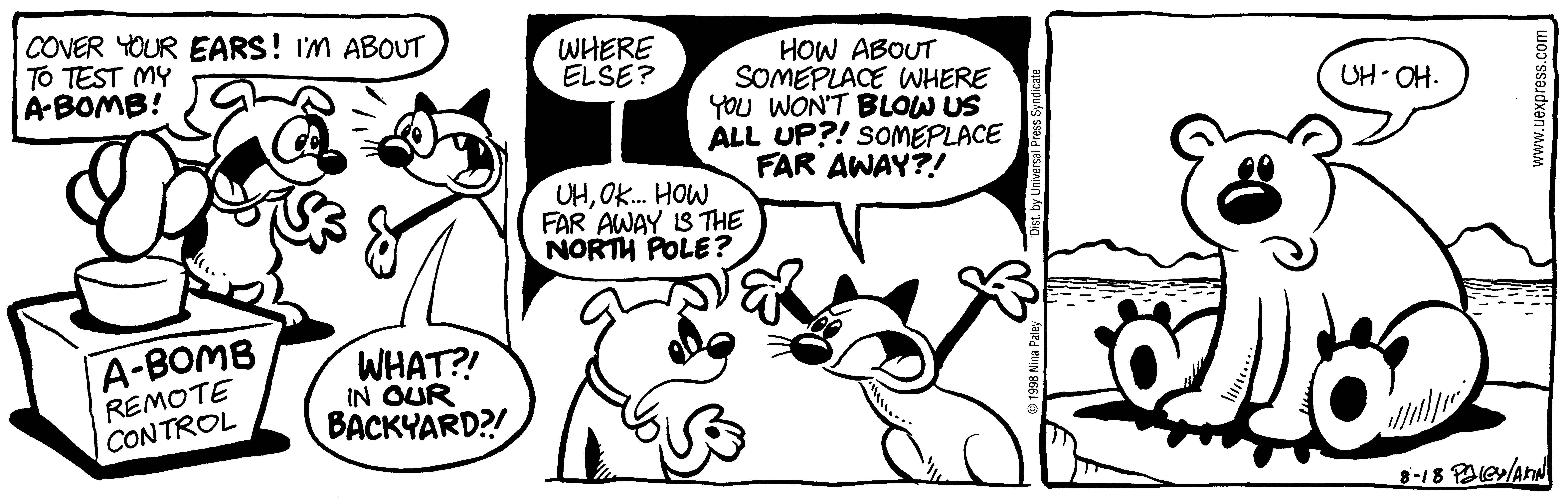 Fluff daily strip, Aug 18, 1998. Nina Paley, CC BY-SA 3.0 US. Print master from https://archive.org/details/FluffComicStrips (TIFF converted losslessly to PNG for the web).