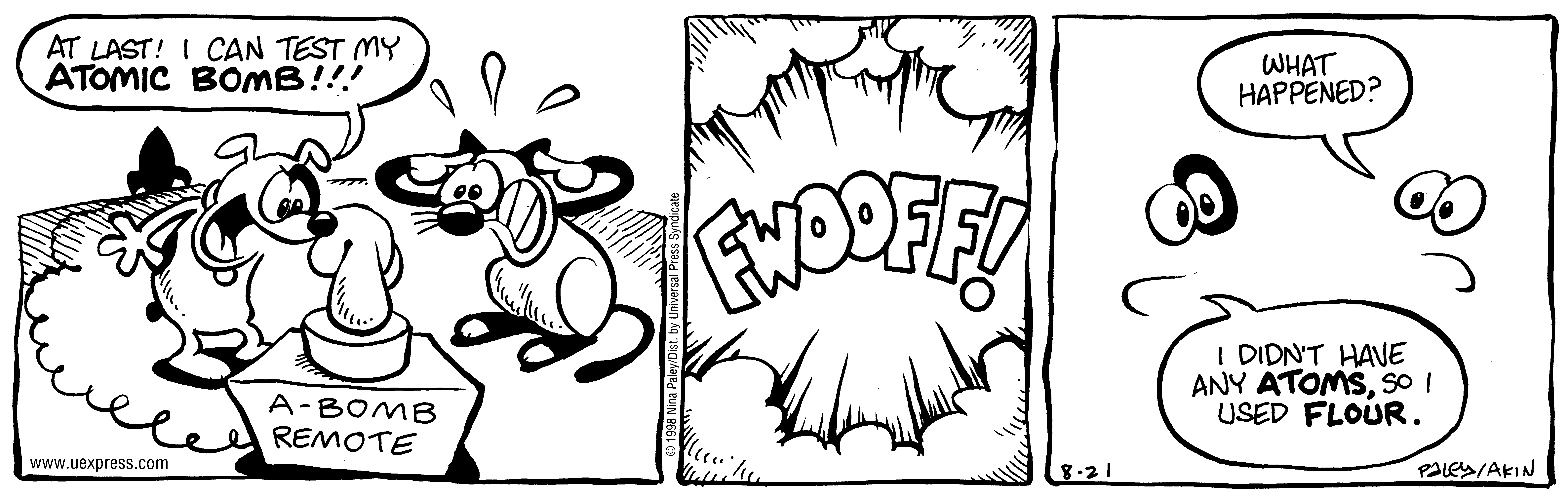 Fluff daily strip, Aug 21, 1998. Nina Paley, CC BY-SA 3.0 US. Print master from https://archive.org/details/FluffComicStrips (TIFF converted losslessly to PNG for the web).