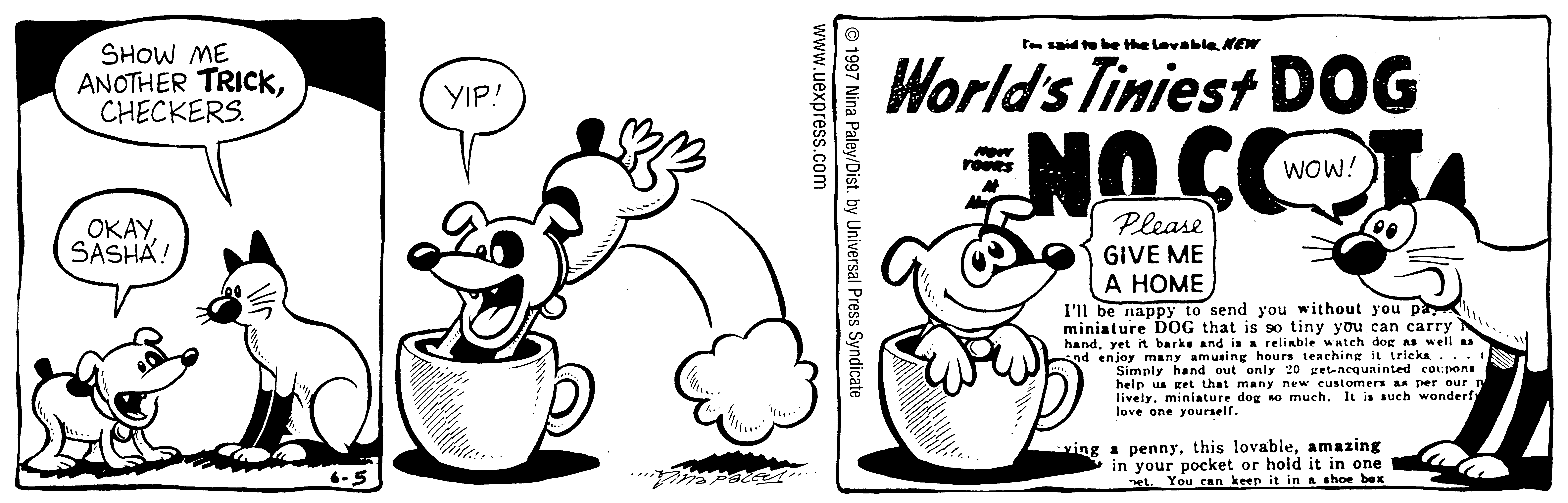 Fluff daily strip, Jun 5, 1997. Nina Paley, CC BY-SA 3.0 US. Print master from https://archive.org/details/FluffComicStrips (TIFF converted losslessly to PNG for the web).