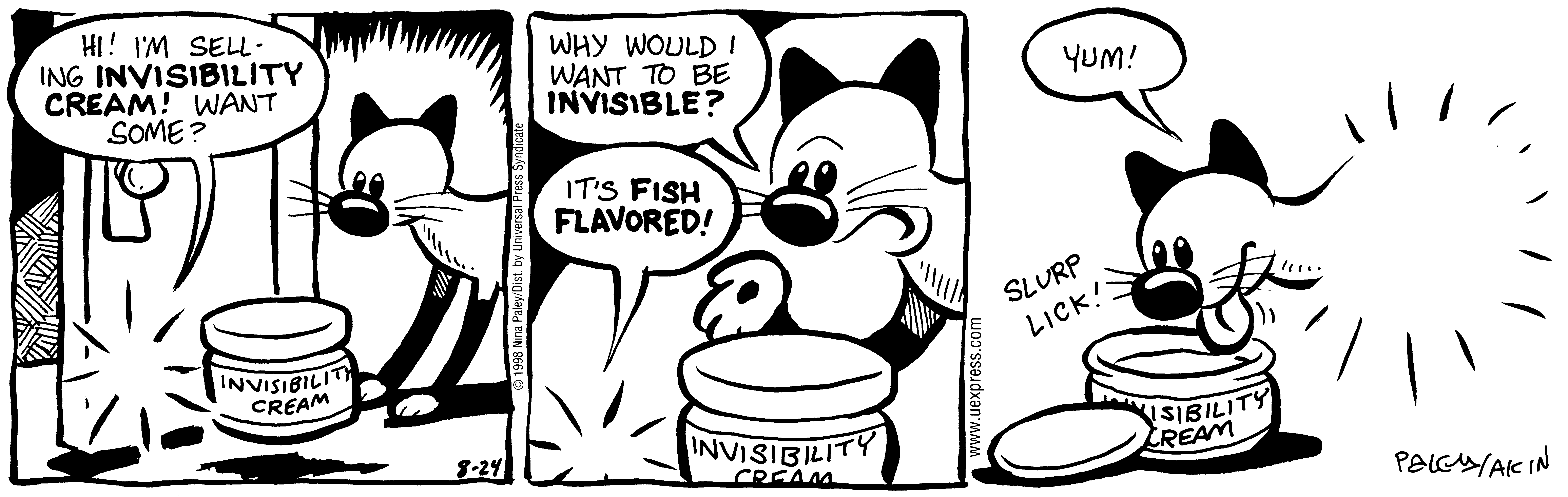 Fluff daily strip, Aug 24, 1998. Nina Paley, CC BY-SA 3.0 US. Print master from https://archive.org/details/FluffComicStrips (TIFF converted losslessly to PNG for the web).