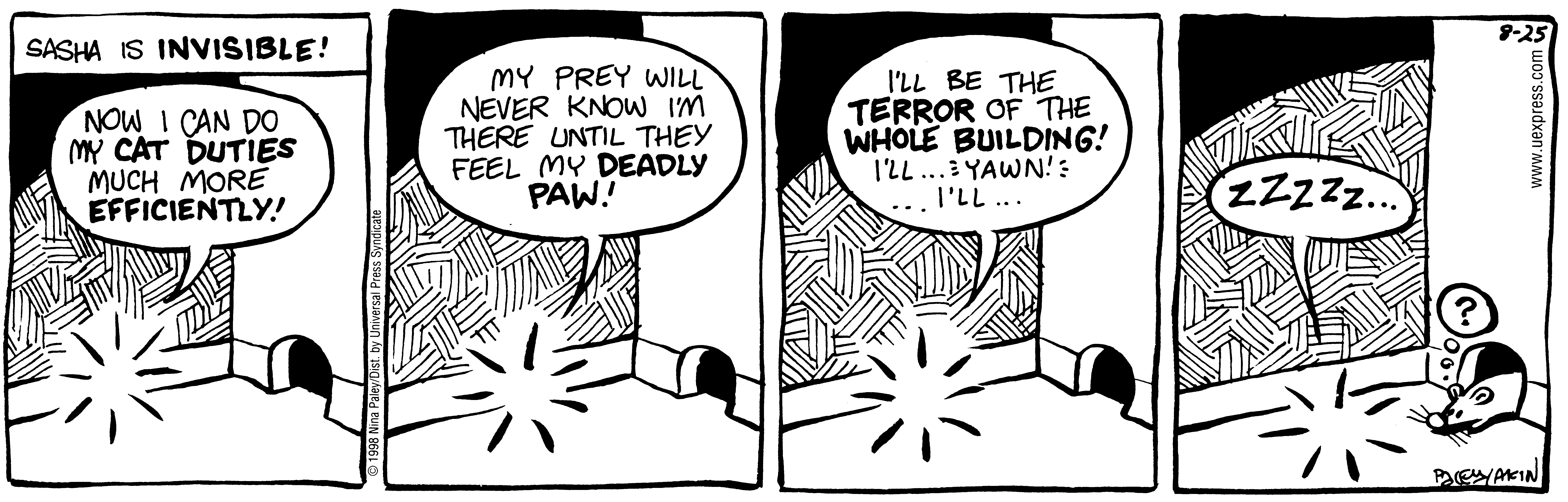 Fluff daily strip, Aug 25, 1998. Nina Paley, CC BY-SA 3.0 US. Print master from https://archive.org/details/FluffComicStrips (TIFF converted losslessly to PNG for the web).