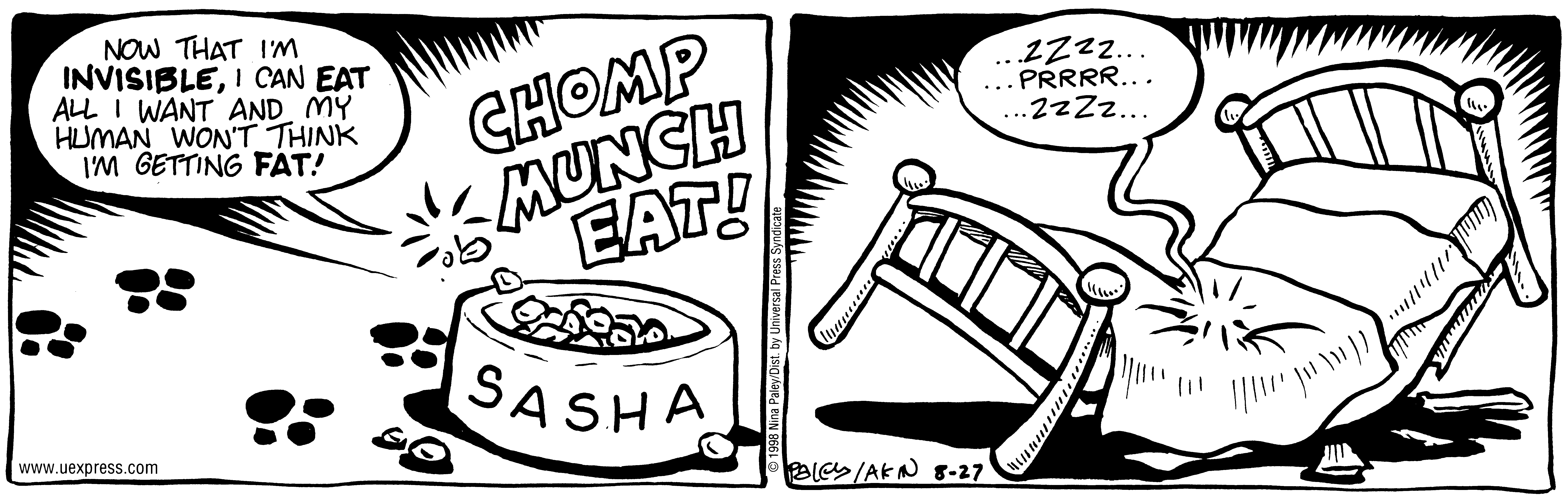 Fluff daily strip, Aug 27, 1998. Nina Paley, CC BY-SA 3.0 US. Print master from https://archive.org/details/FluffComicStrips (TIFF converted losslessly to PNG for the web).