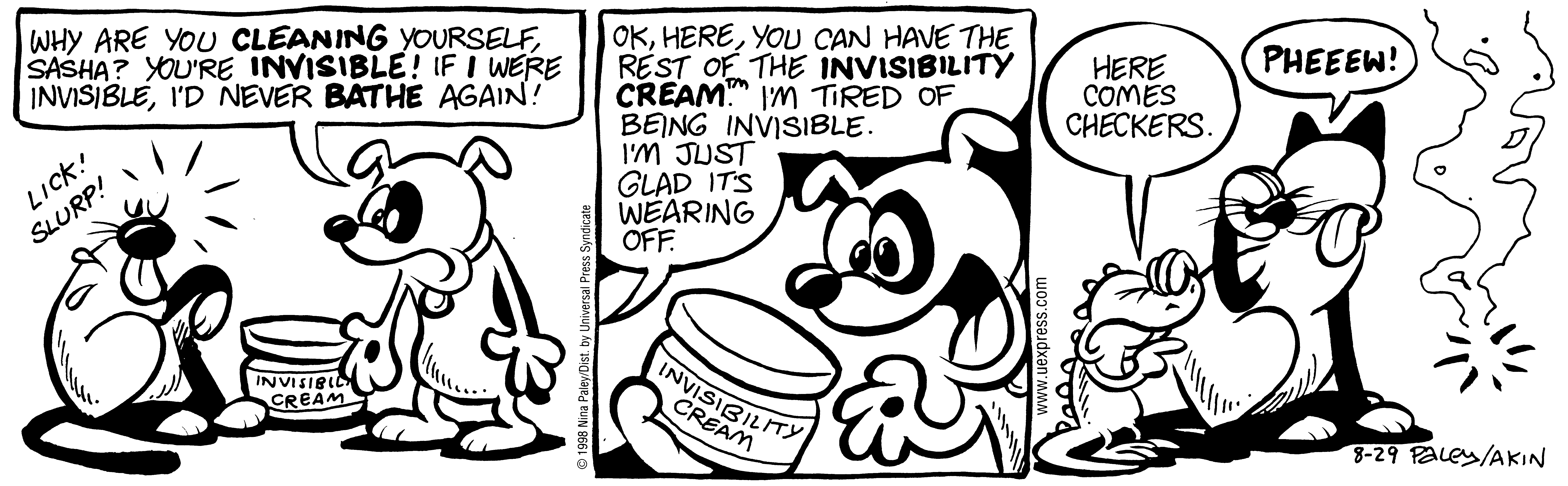 Fluff daily strip, Aug 29, 1998. Nina Paley, CC BY-SA 3.0 US. Print master from https://archive.org/details/FluffComicStrips (TIFF converted losslessly to PNG for the web).