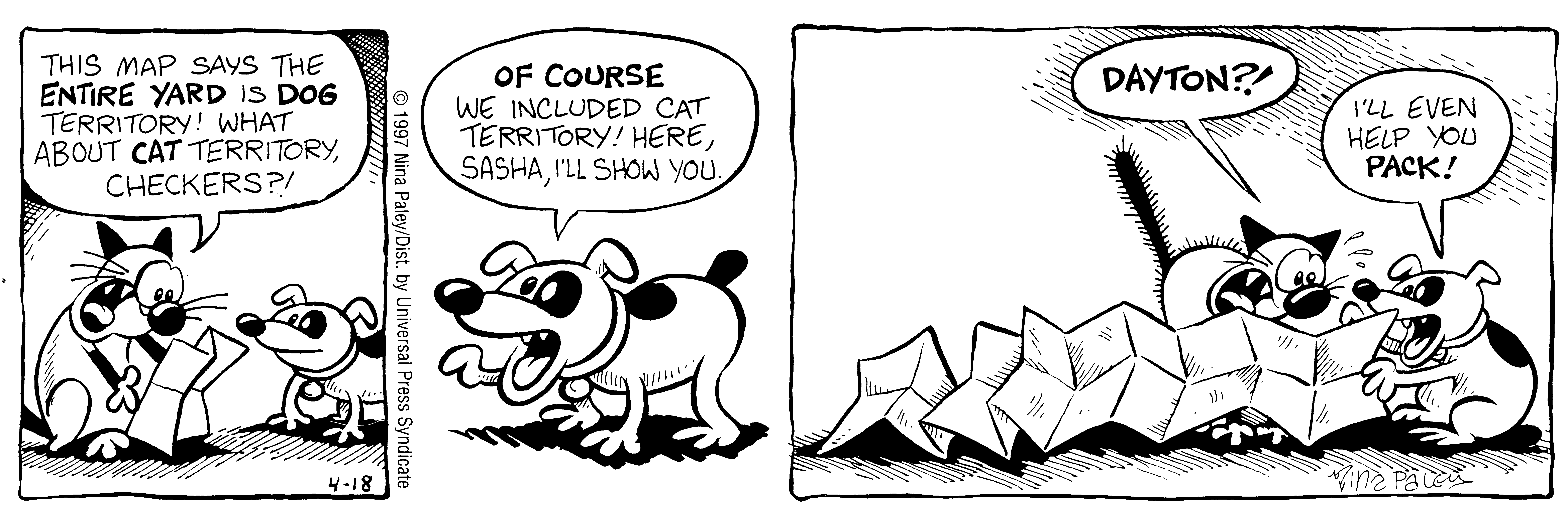 Fluff daily strip, Apr 18, 1997. Nina Paley, CC BY-SA 3.0 US. Print master from https://archive.org/details/FluffComicStrips (TIFF converted losslessly to PNG for the web).