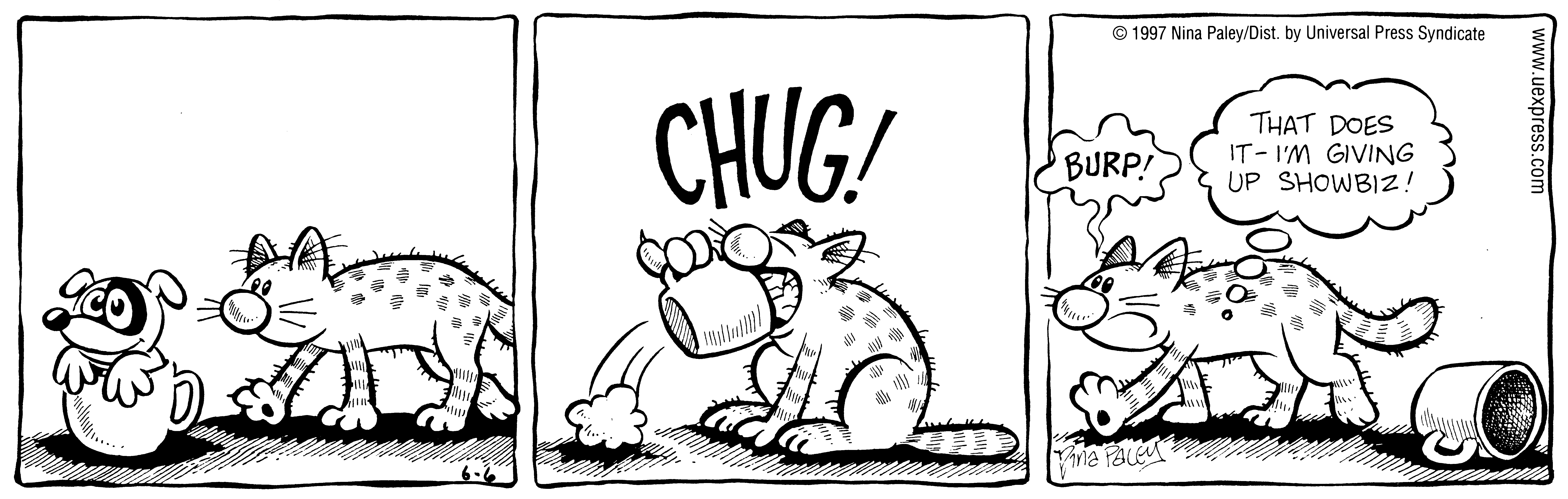 Fluff daily strip, Jun 6, 1997. Nina Paley, CC BY-SA 3.0 US. Print master from https://archive.org/details/FluffComicStrips (TIFF converted losslessly to PNG for the web).